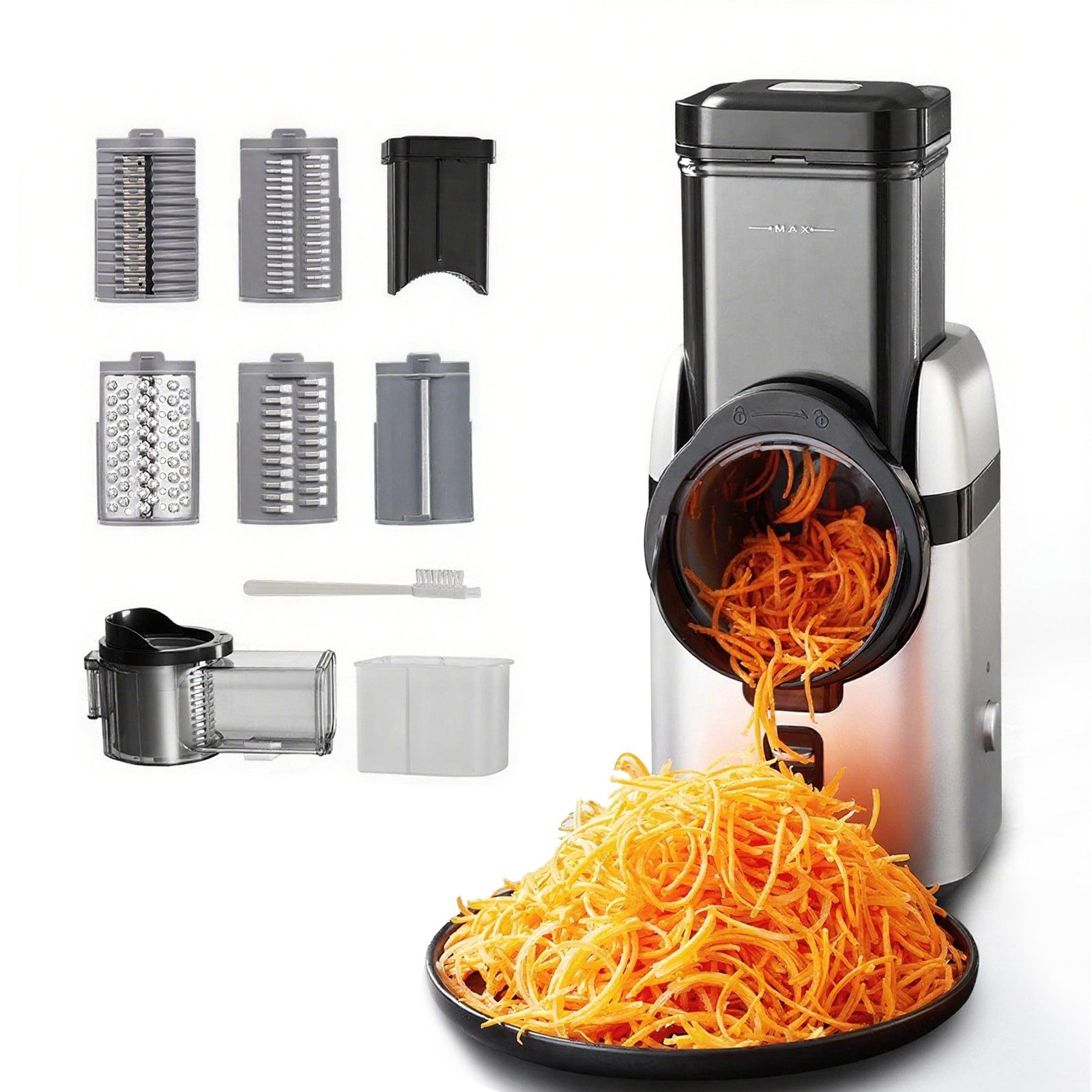 FOHERE Gemüseschneider 5-in-1 Elektrischer Gemüseschneider für effiziente Essenszubereitung, 80 W, 2 Größen Einfüllschacht für alle Zutaten, Aufbewahrungsbox
