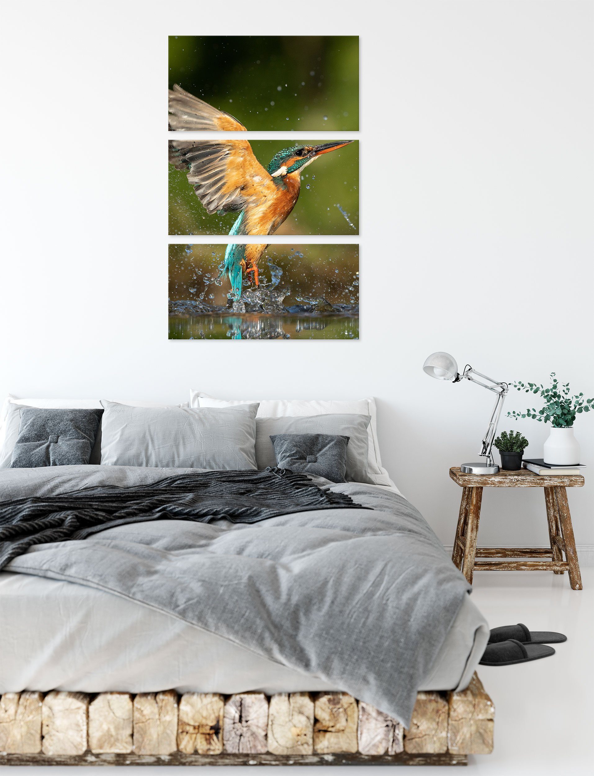 Pixxprint Leinwandbild Eisvogel auf der Jagd nach Fischen, Eisvogel auf der Jagd nach Fischen 3Teiler (120x80cm) (1 St), Leinwandbild fertig bespannt, inkl. Zackenaufhänger