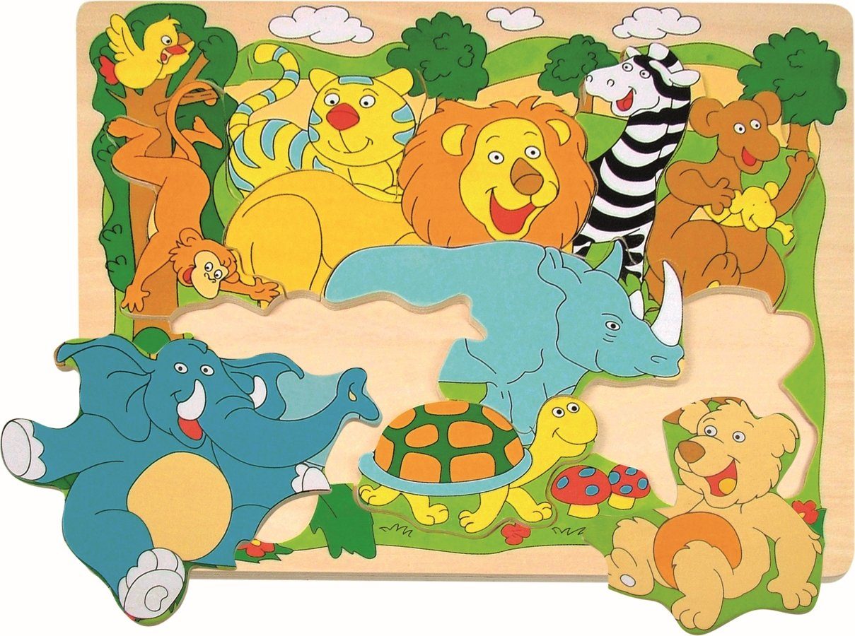 Woodyland Lernspielzeug 90341 Konturen - Holzpuzzle zum Thema Tiere mit 10 bunten Puzzleteilen, Puzzle
