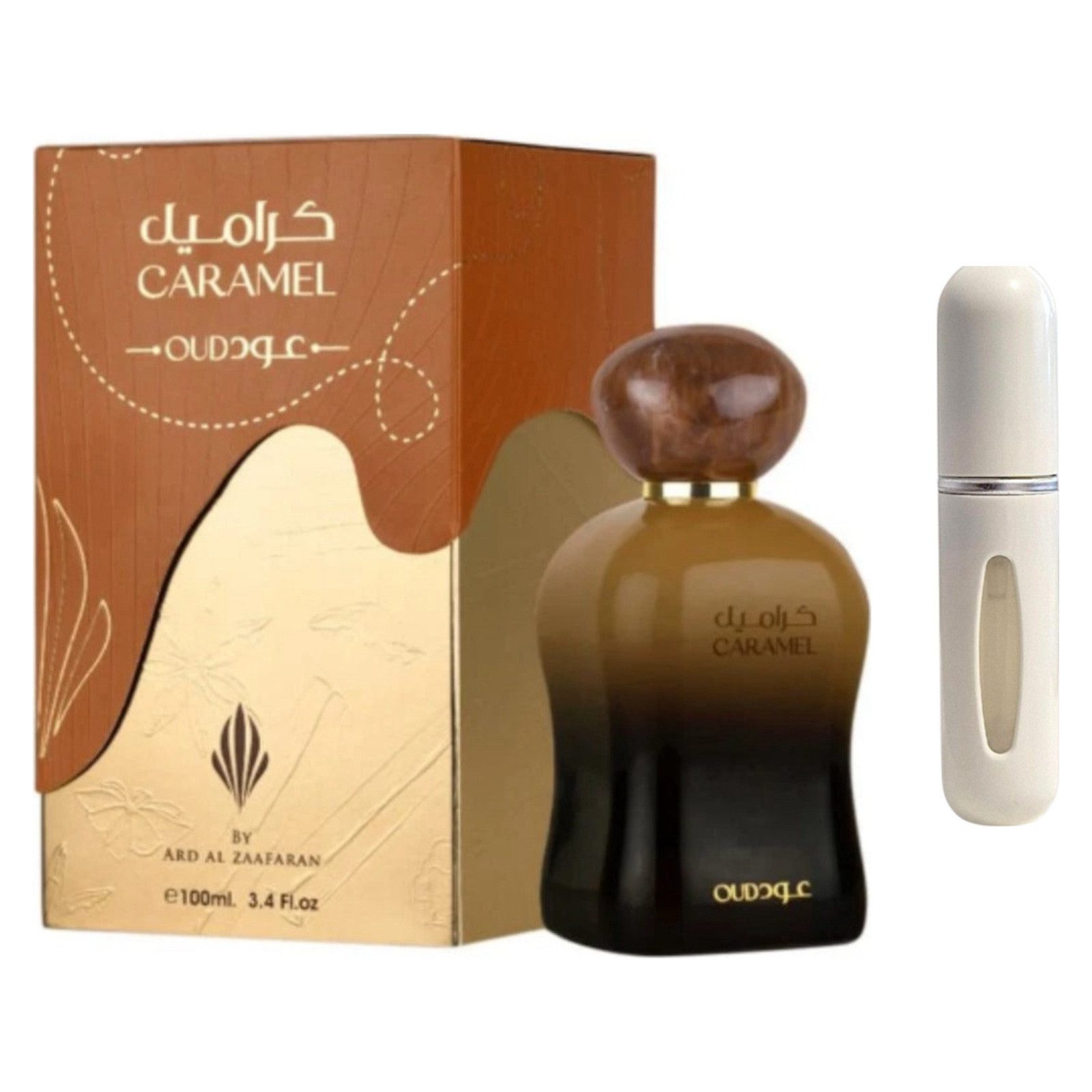Ard Al Zaafaran Duft-Set Caramel Oud EDP – Süß Gourmand Blumig + Parfümzerstäuber (leer)