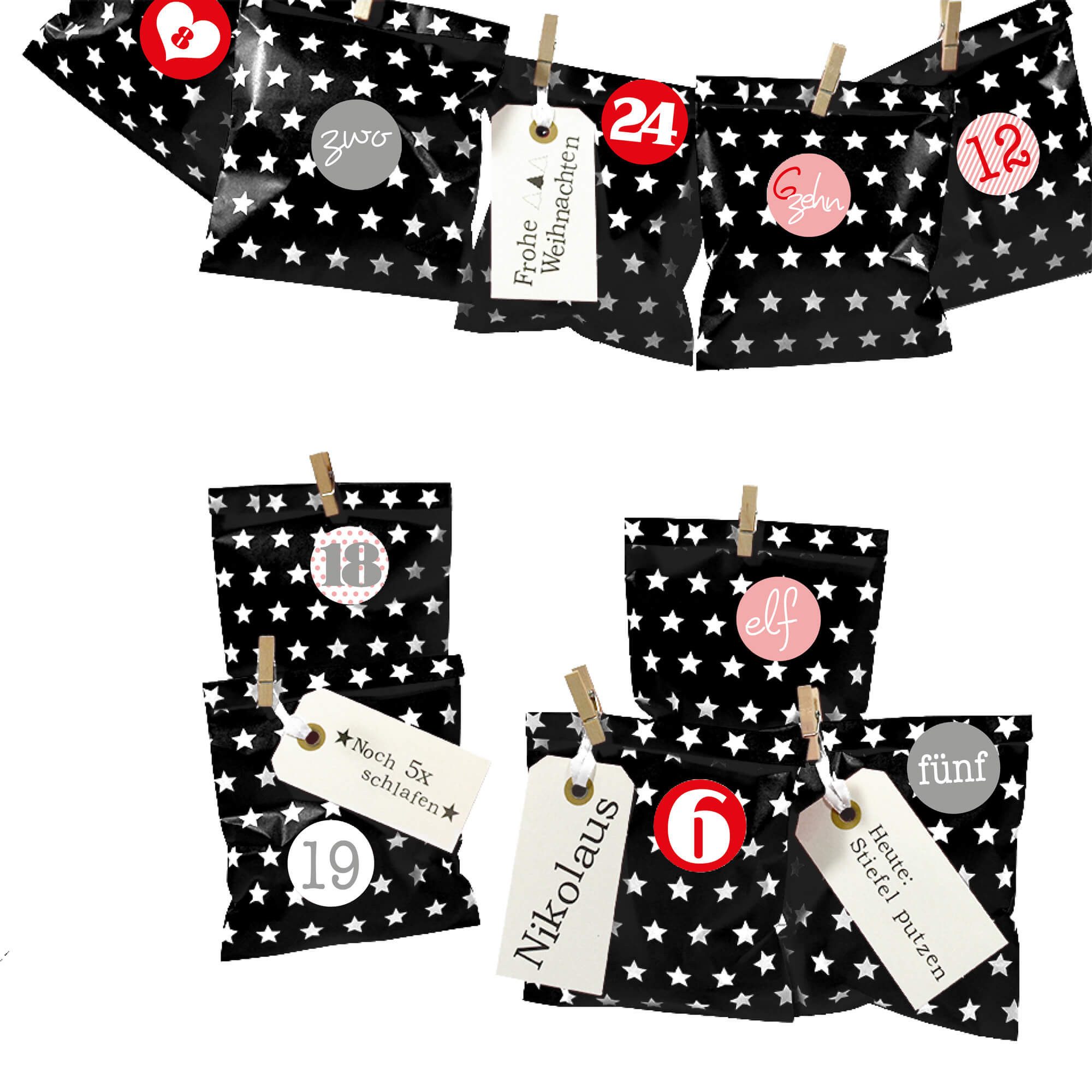 Frau WUNDERVoll befüllbarer Adventskalender Adventskalender Bescherung, schwarz Stern, Ziffern rosa-rot