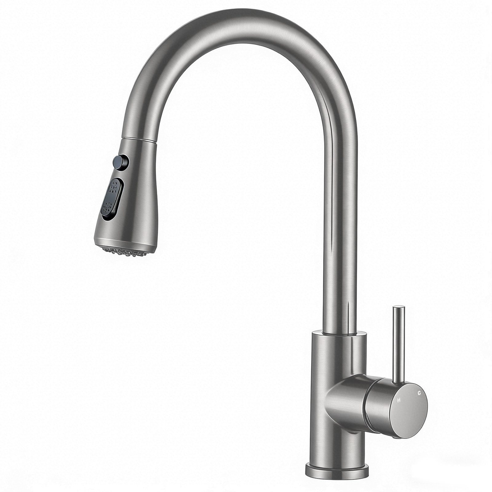 AICA Küchenarmatur Wasserhahn Küche aus Edelstahl, ausziehbar, 360° drehbar, robust Hochdruck, 3 Strahlarten, Einhand, hoher Bogenauslauf, ideal für Küche