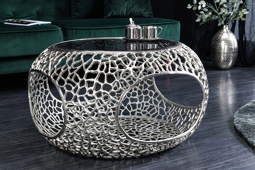 riess-ambiente Couchtisch SPIN Ø75cm silber / schwarz (Einzelartikel, 1-St), Wohnzimmer · Glas · Metall · rund · mit Stauraum · handmade · Design