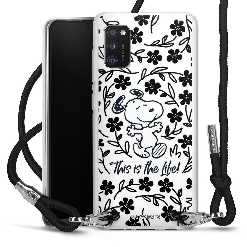 DeinDesign Handyhülle Peanuts Blumen Snoopy Snoopy Black and White This Is The Life, Samsung Galaxy A41 Handykette Hülle mit Band Case zum Umhängen