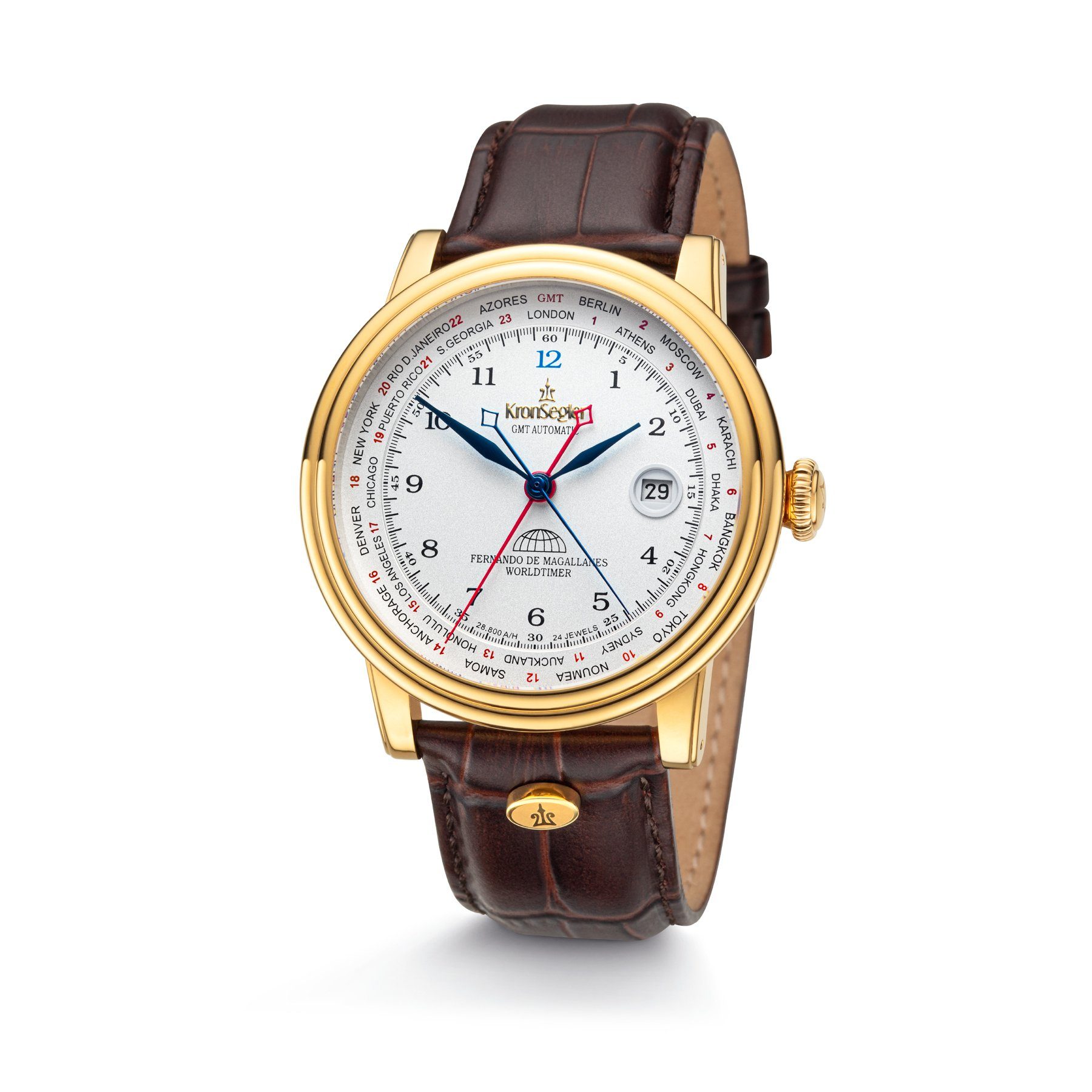 Kronsegler Automatikuhr "Fernando GMT Worldtimer m. Magallanes" de Armbanduhr gold-silberweiß/braun Lederband, mit Herren