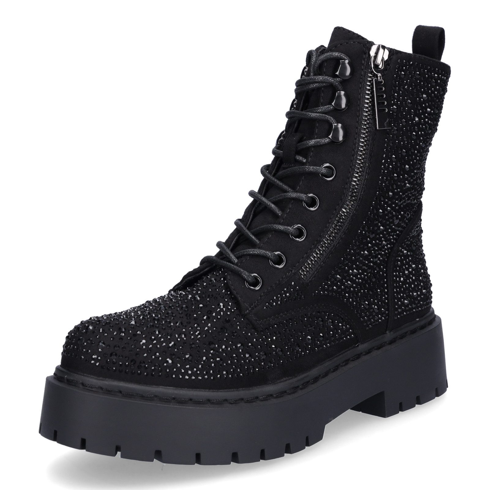 MIDS MARIELLA Damen Schnürboots mit Strassbesatz schwarz, Bergsteigerösen und Zierreißverschluss