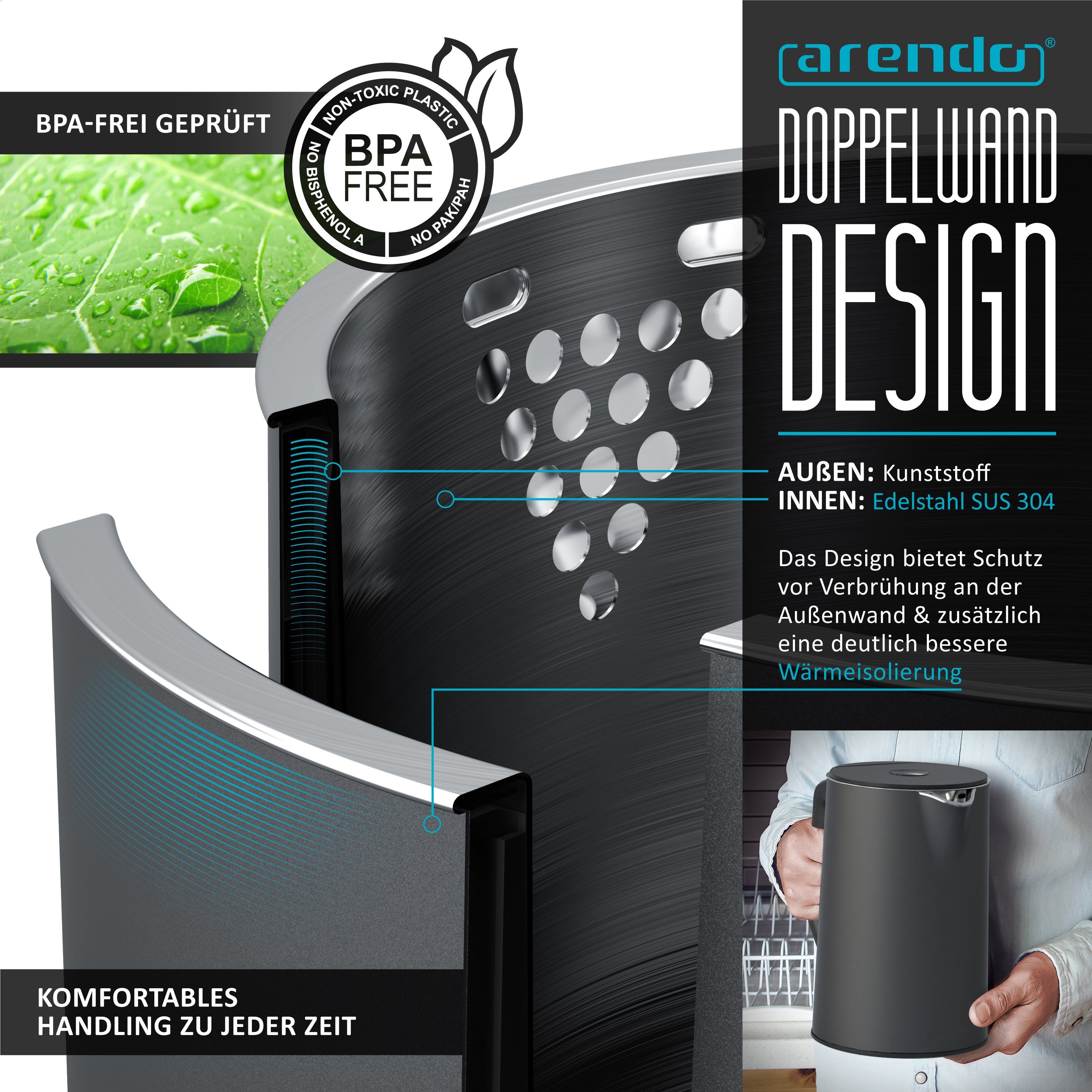 Arendo Frühstücks-Set Wasserkocher 1,5l, 4-Scheiben Toaster, 6er Eierkocher, Cool Grey (3-tlg), Edelstahl, 40°-100°C, LED-Display, 6 Bräunungsgrade, Messbecher