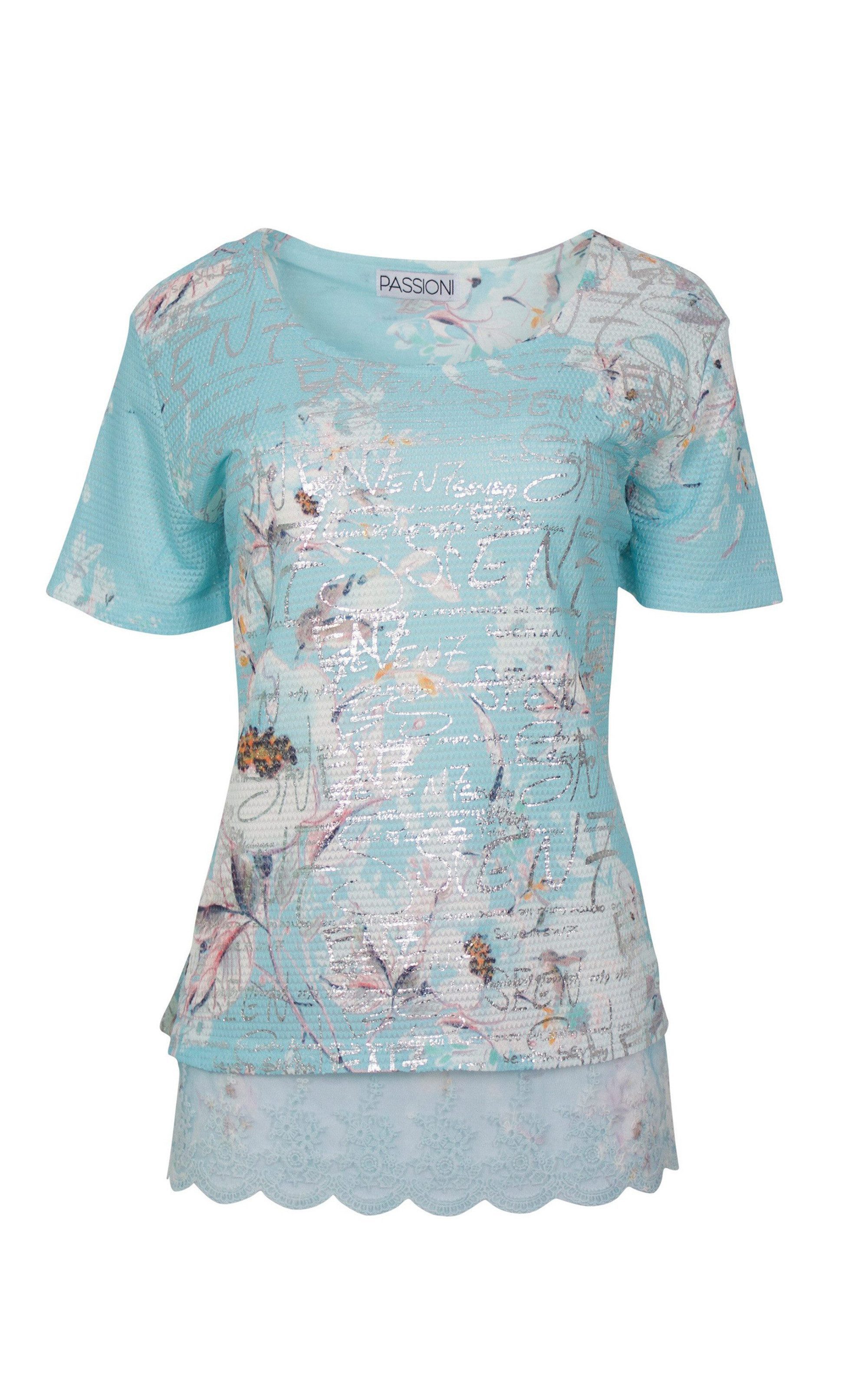 Passioni T-Shirt in Türkis, mit floralem Print und Schriftzügen günstig online kaufen
