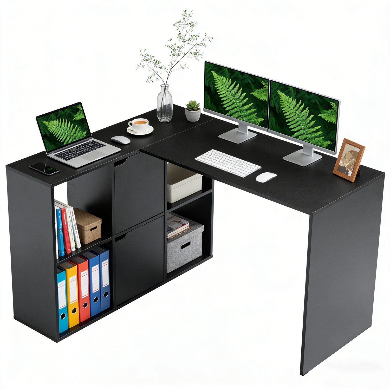 ANYSUN Eckschreibtisch Schreibtisch mit Ablagefächern und Schrank 120 cm, L-förmiger Computertisch Gamingtisch mit Stauraum, Schwarz