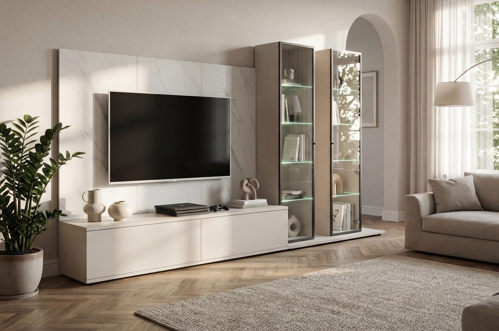 Inn.Furn Wohnwand Charm, (TV Schrankwand in Kaschmir mit Marmor, 4-teilig, 300 x 175 cm), Soft-Close-Funktion, inklusive LED Beleuchtung