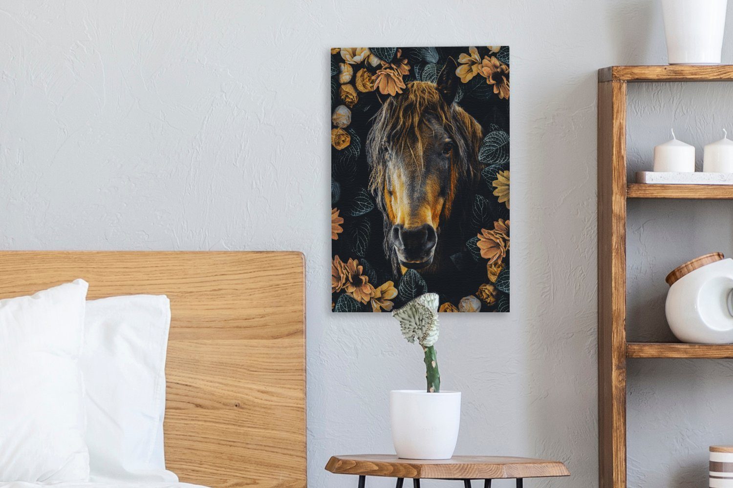 OneMillionCanvasses® Leinwandbild Zackenaufhänger, - 20x30 Leinwandbild Pferd inkl. St), cm bespannt fertig Blumen Orange, (1 - Gemälde