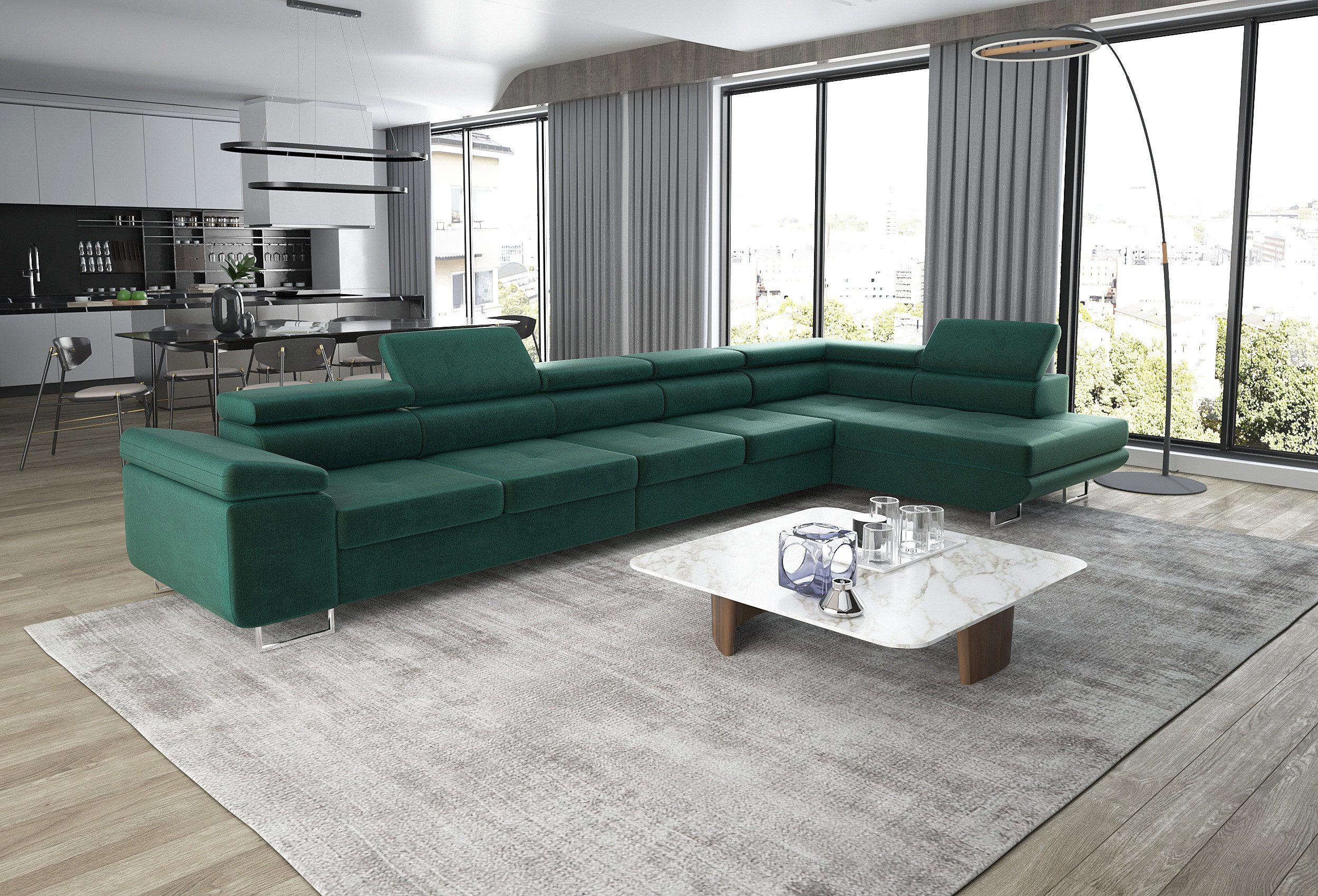 thematys Ecksofa ASTON MAXI 405 x 203cm mit Schlaffunktion & Bettkasten –, L-Sofa mit 5 verstellbaren Kopfstützen, Samt (Monolith), Cord (Poso) - L-Form, XL-Wohnlandschaft, 405 cm breit
