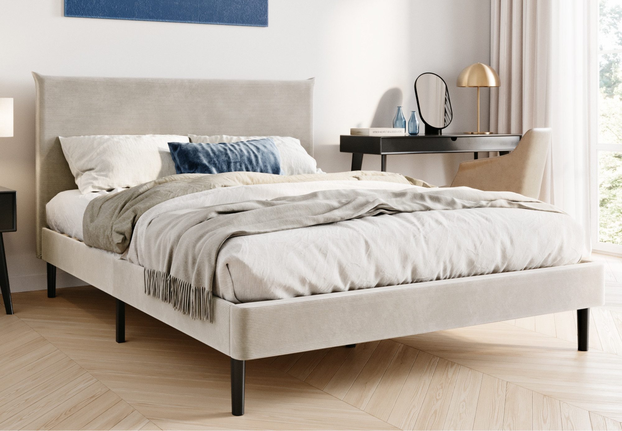 Home Collective Polsterbett 140x200 und 160x200 cm mit Lattenrost und weichem Bezug, Bettgestell (Doppelbett mit gepolstertem Kopfteil, robustes Gestell, hoher Liegekomfort), 140x200 cm, Beige, Cordbezug