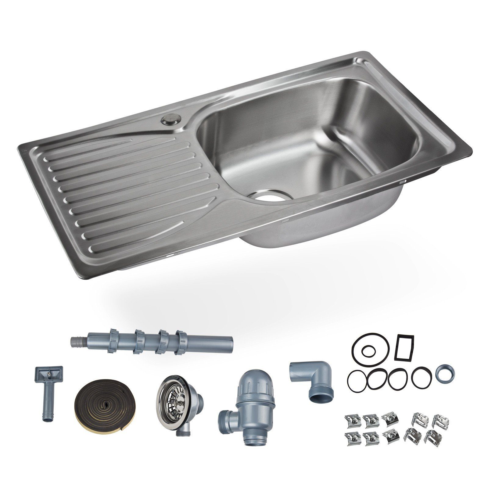 Stabilo Sanitär Edelstahlspüle Einbauspülbecken Chrom eckig aus Edelstahl mit Abtropffläche links, 43/78 cm, (Komplett-Set, komplettem Siphon inkl. Befestigungs – Bild 4 von 5