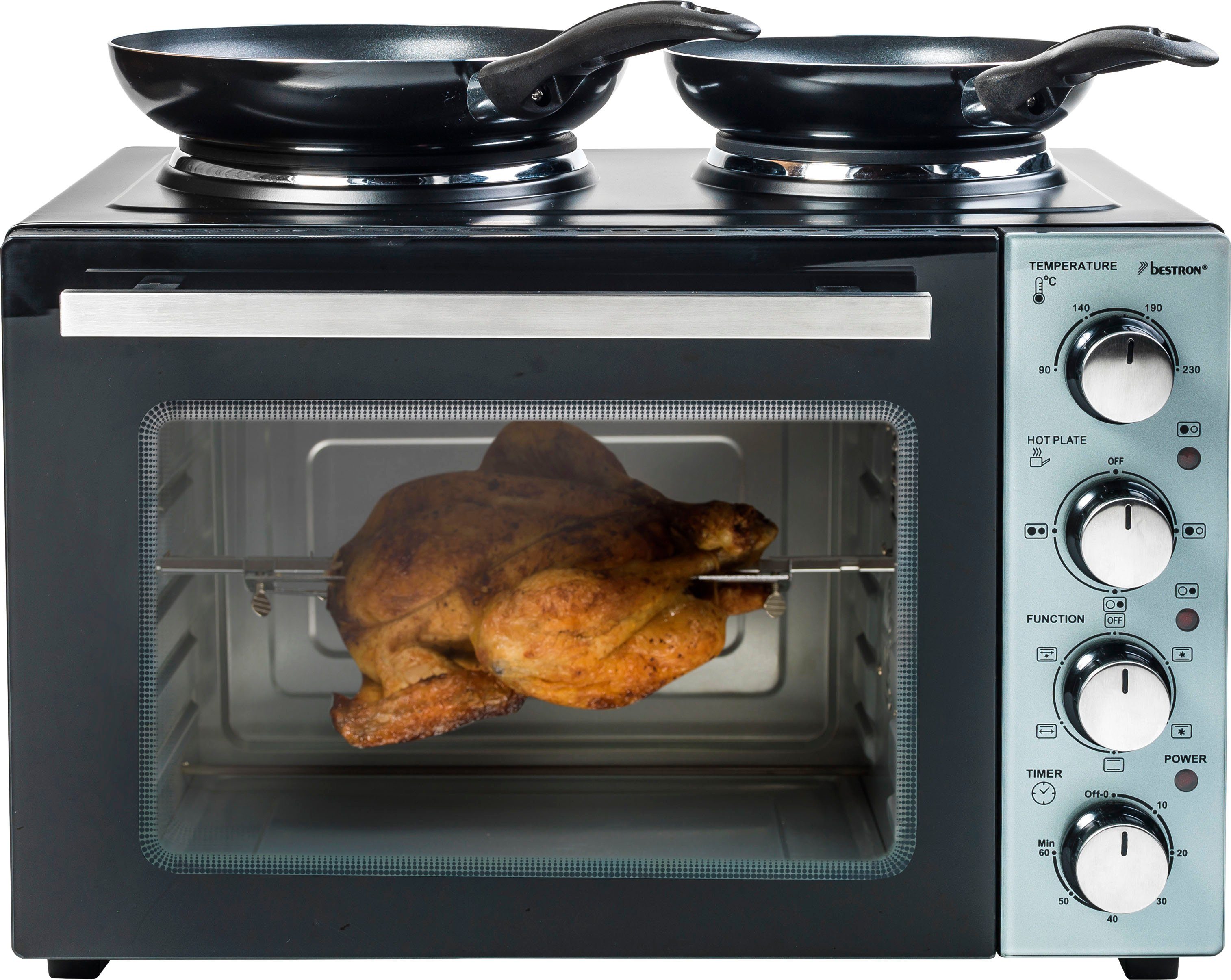 bestron Kleinküche AOV31CP Crispy & Schwarz Ofen mit 3200 Watt, Doppelkochplatte, Co, und