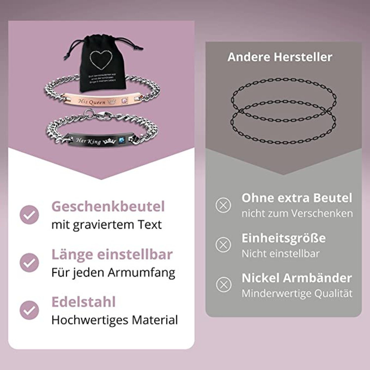 Binego Armband mit Gravur Her King His Queen Partnerarmbänder Geschenk Armbänder (Set, 2-tlg., inklusive Geschenkbeutel), Geschenkset mit Geschenkbeutel