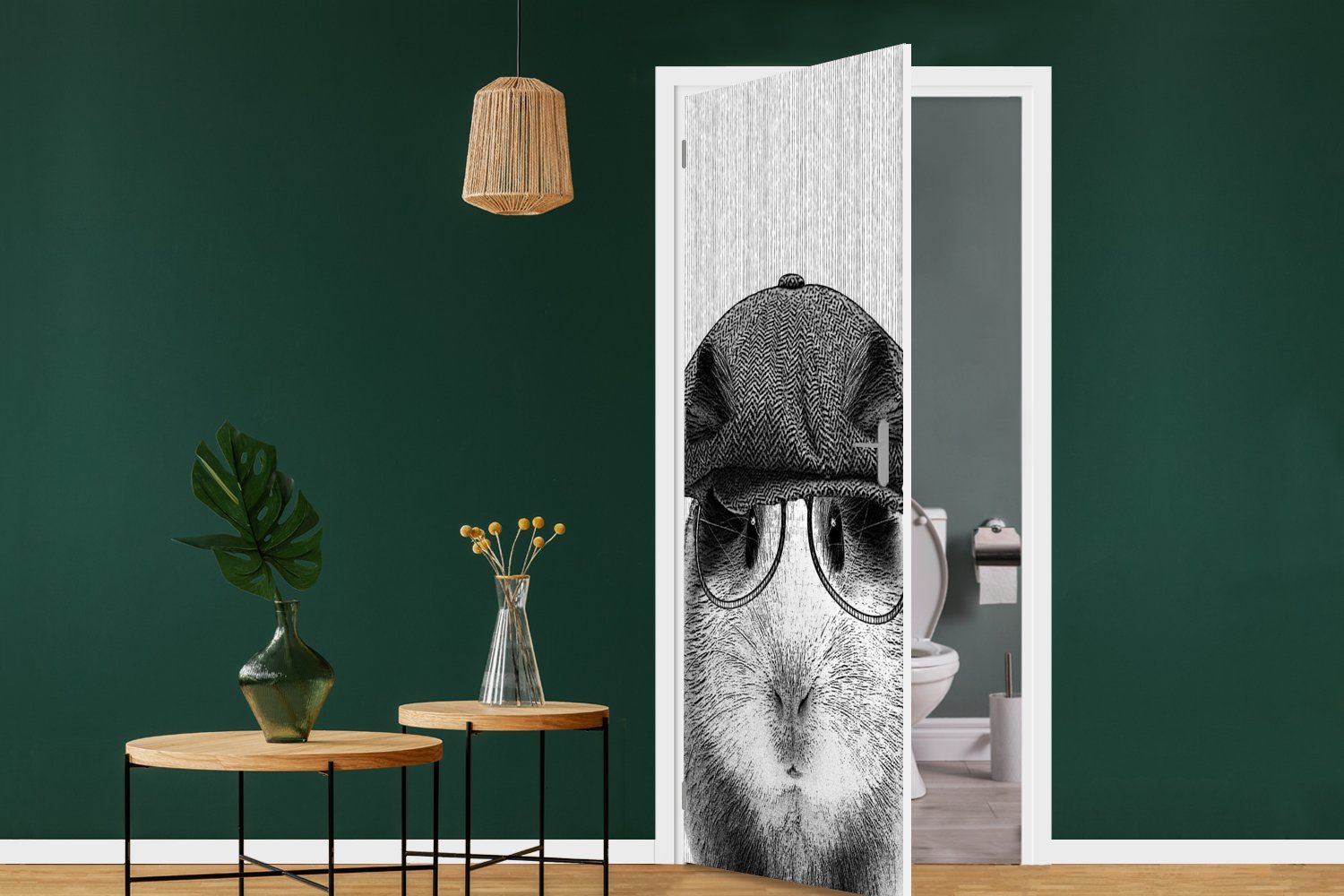 MuchoWow Türtapete Meerschweinchen - Baskenmütze Brille bedruckt, St), Hipster, Tür, - cm für 75x205 Matt, Fototapete (1 - Türaufkleber