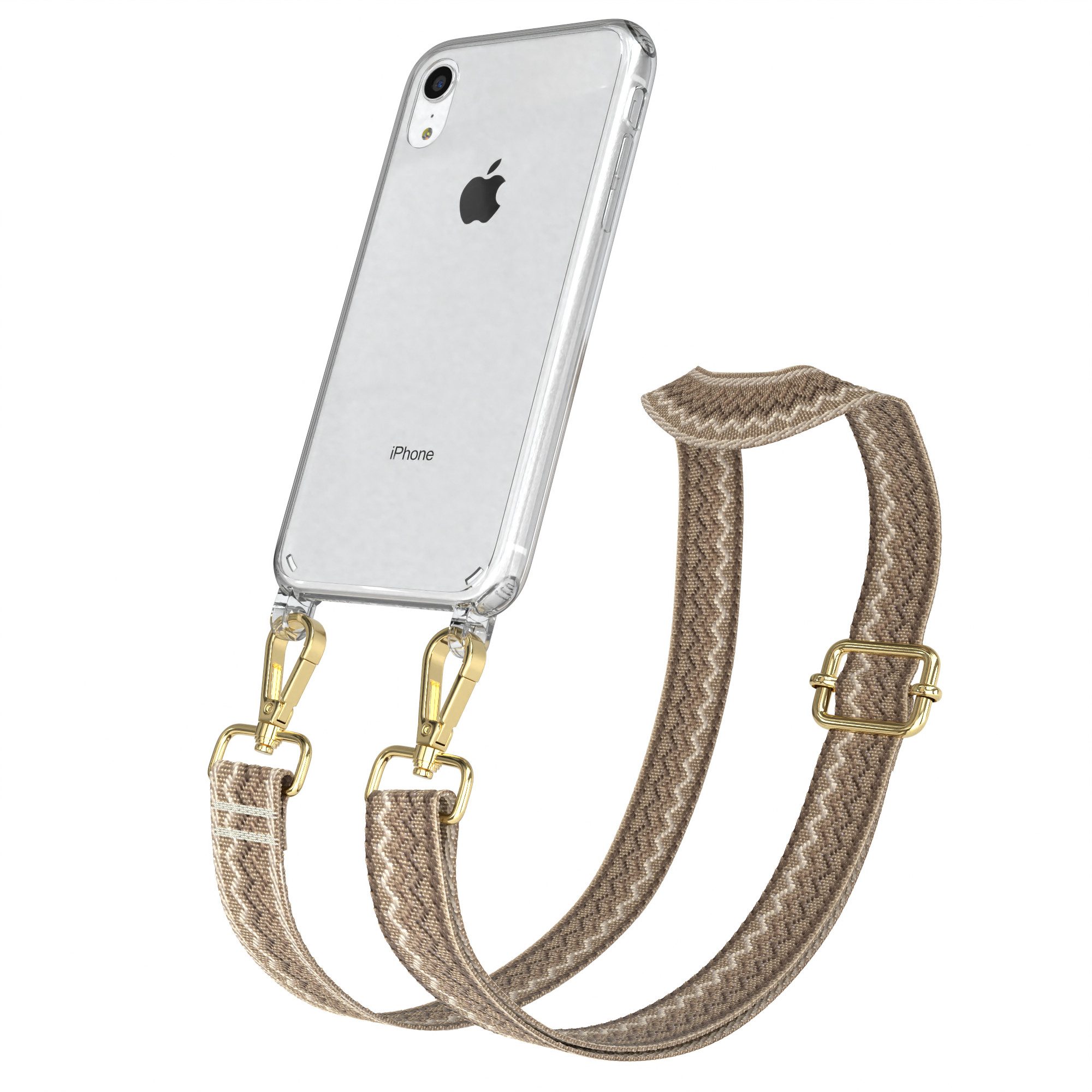 EAZY CASE Handykette Boho Umhängeband für Apple iPhone XR 6,1 Zoll, Schulterriemen Taschenband mit Hülle Handyband Wave mit Band Braun