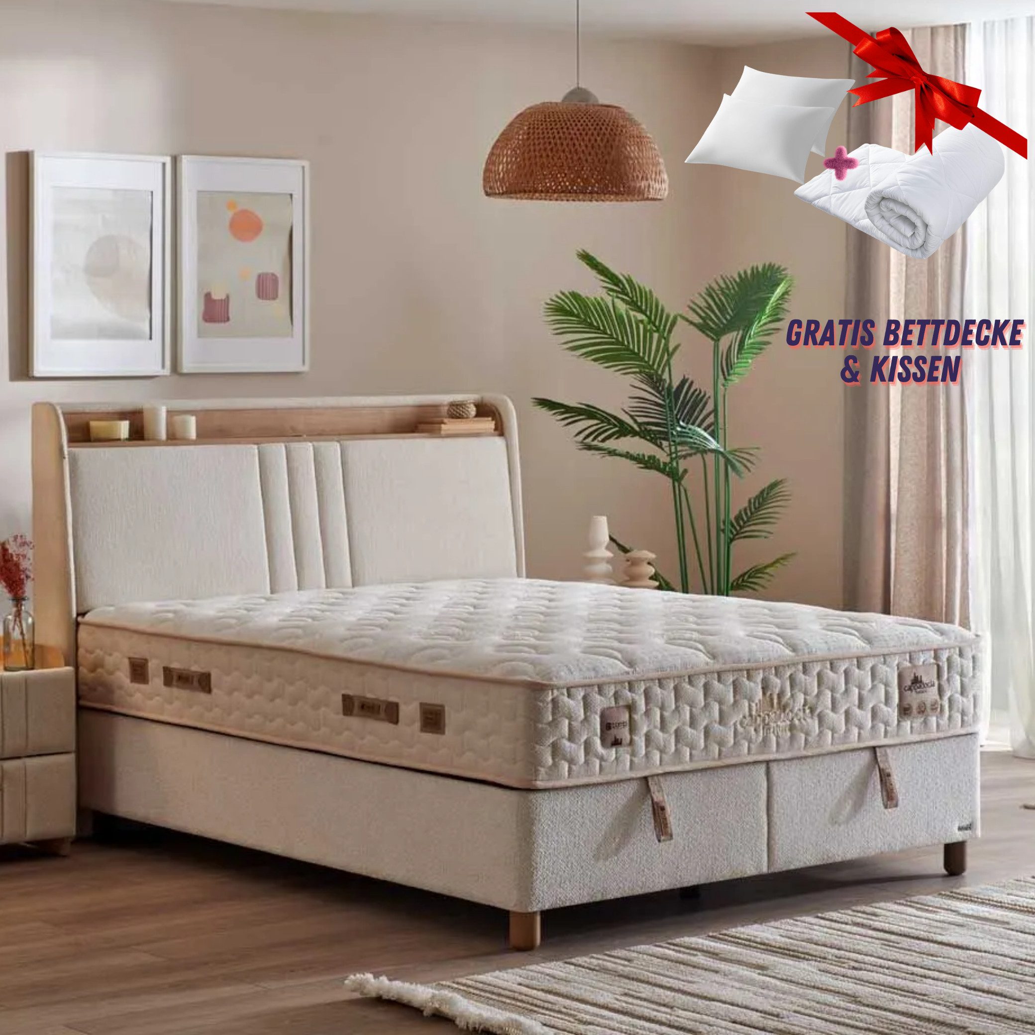 Bambi Boxspringbett mit Bettkasten mit Matratzen Cappadocia Set Stauraum 7-Komfortzonen (Set, 1 x H3 Mittelfest Matratze, 2 x Bettkästen, 1 Kopfteil), LED Beleuchtung mit USB & Type-C