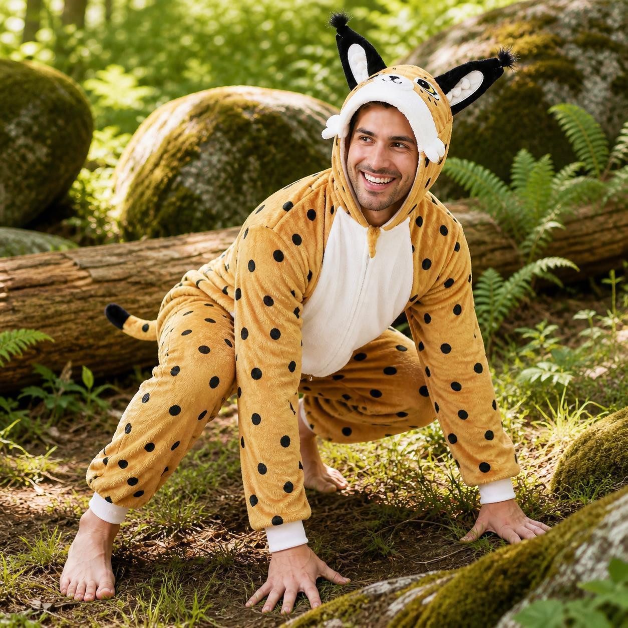 Corimori Partyanzug Flauschiges Luchs-Kostüm für Erwachsene, Karneval Kostüm Onesie für, Jumpsuit, Pyjama, Fasching, Kigurumi, Tierkostüme, Luchs Silas