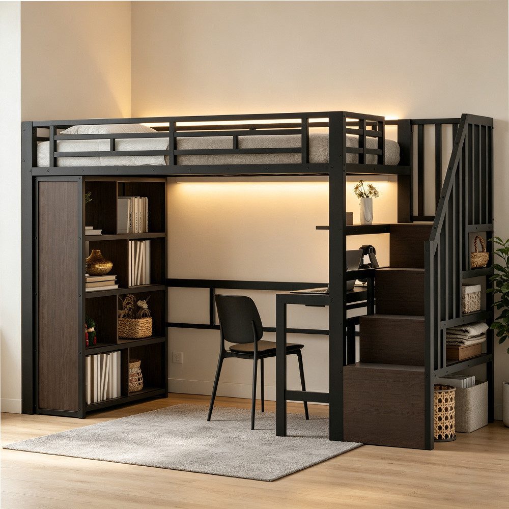 REDOM Hochbett mit robustem Eisenrahmen, LED-Beleuchtung (mit Schreibtisch, Ablage und Treppenregalen, Funktionsbett Metallbett, 90x200 cm) ohne Matratze