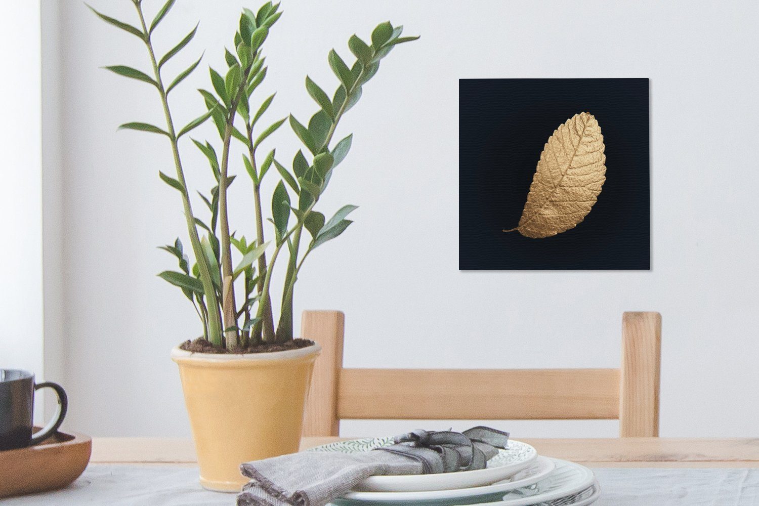 Schlafzimmer Gold Blätter Luxus OneMillionCanvasses® - Leinwandbild St), - Wohnzimmer für Bilder - Schwarz - (1 - Natur, Leinwand Pflanzen