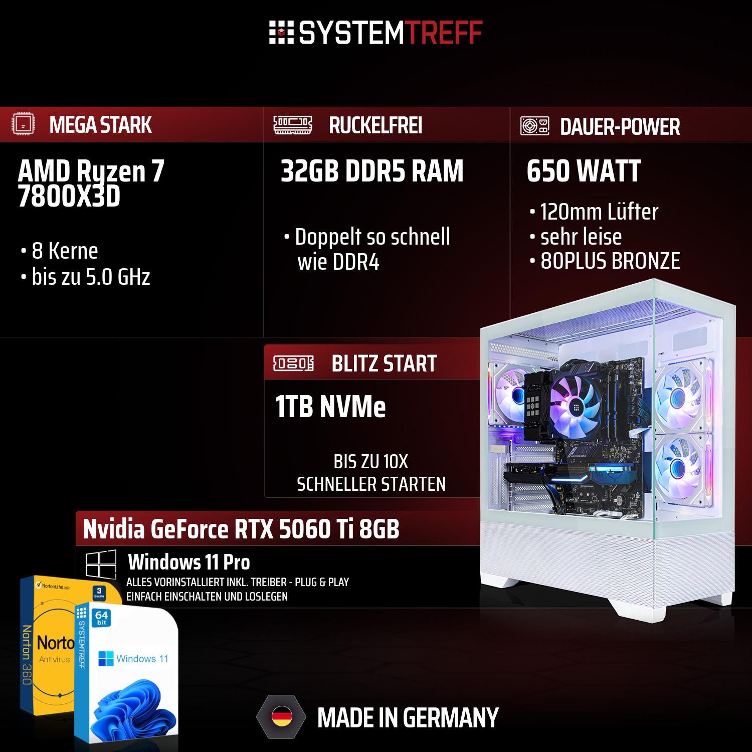 SYSTEMTREFF AMD Ryzen 7 7800X3D mit Nvidia GeForce RTX 5060 Ti 8GB Gaming-PC (AMD 7800X3D 7800X3D, Nvidia GeForce RTX 5060 Ti, 32 GB RAM, 1000 GB SSD, Luftkühlung)