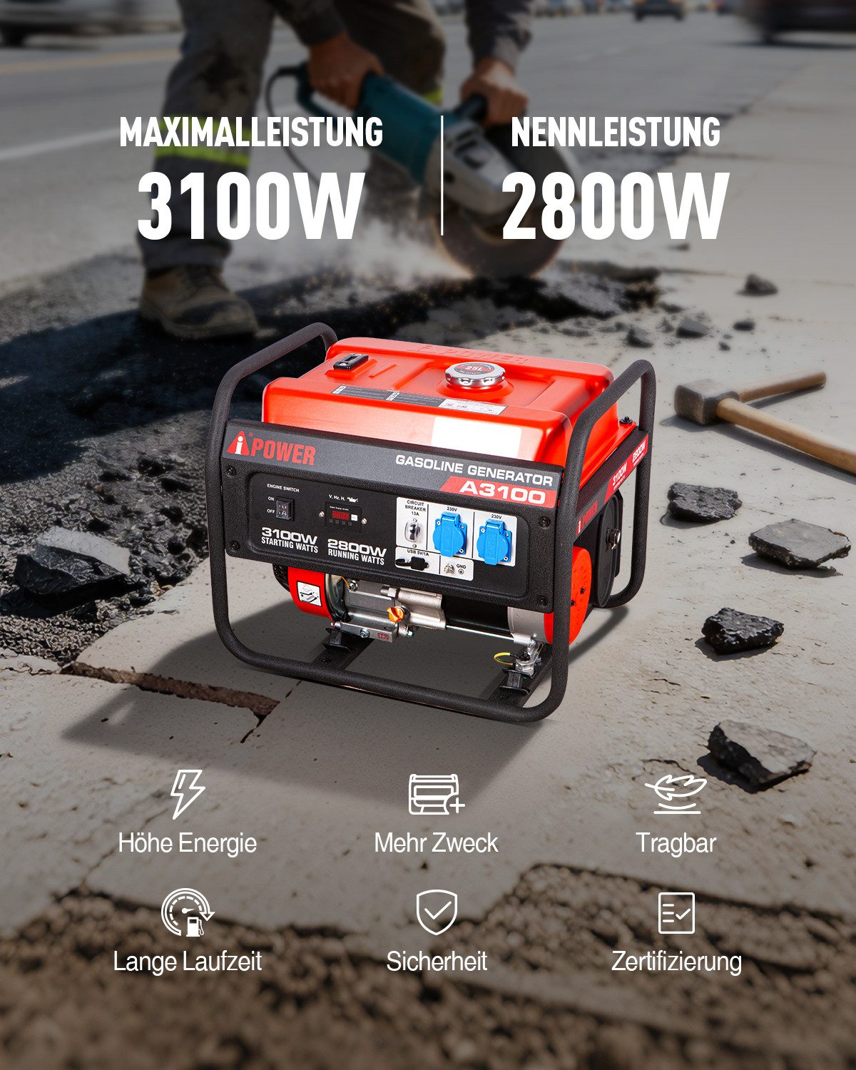 A-iPower Stromerzeuger A3100, 3,1 in kW, (Benzin Stromgenerator Generator Notstromaggregat 4-Takt Motor Stromerzeuger Generator), mit 230V Steckdosen und USB