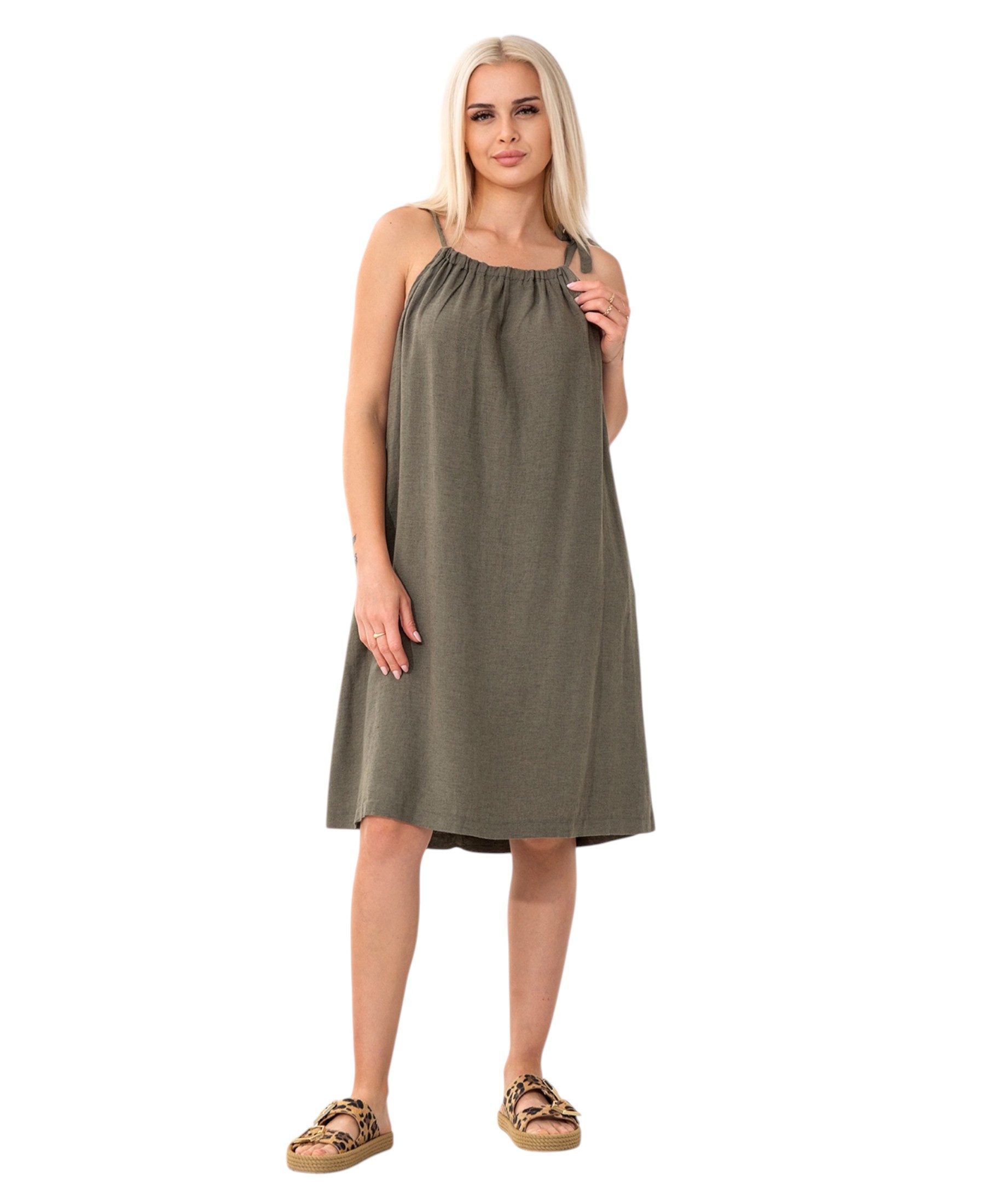 WENOR Sommerkleid aus Leinenmix mit Bindeträgern – luftiges Strandkleid mit Taschen (1-tlg) Bindeträger,seitliche Eingrifftaschen,natürliches Material – Bild 3 von 5