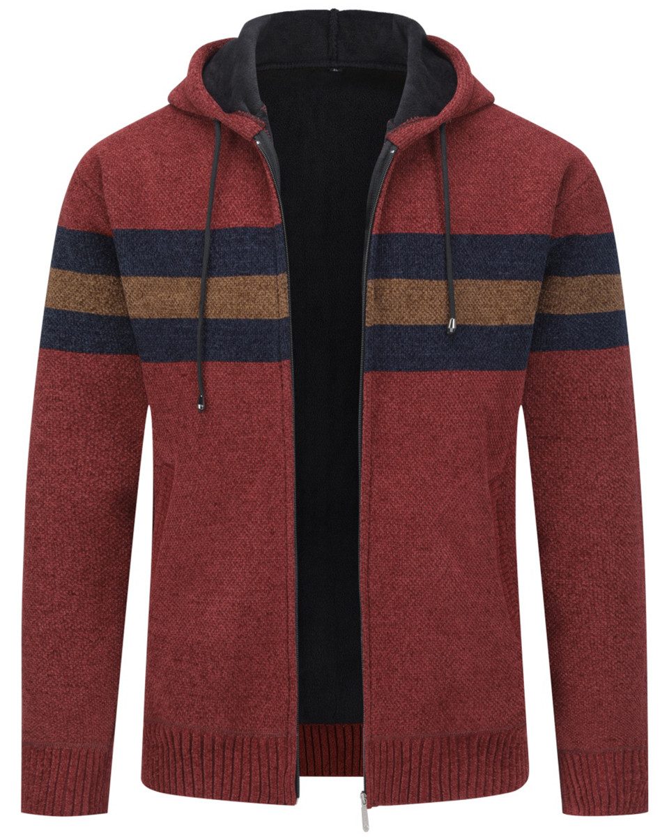 Allthemen Cardigan mit Kapuze Strickjacke Herren gefütterte Winterjacke Kontraststreifen