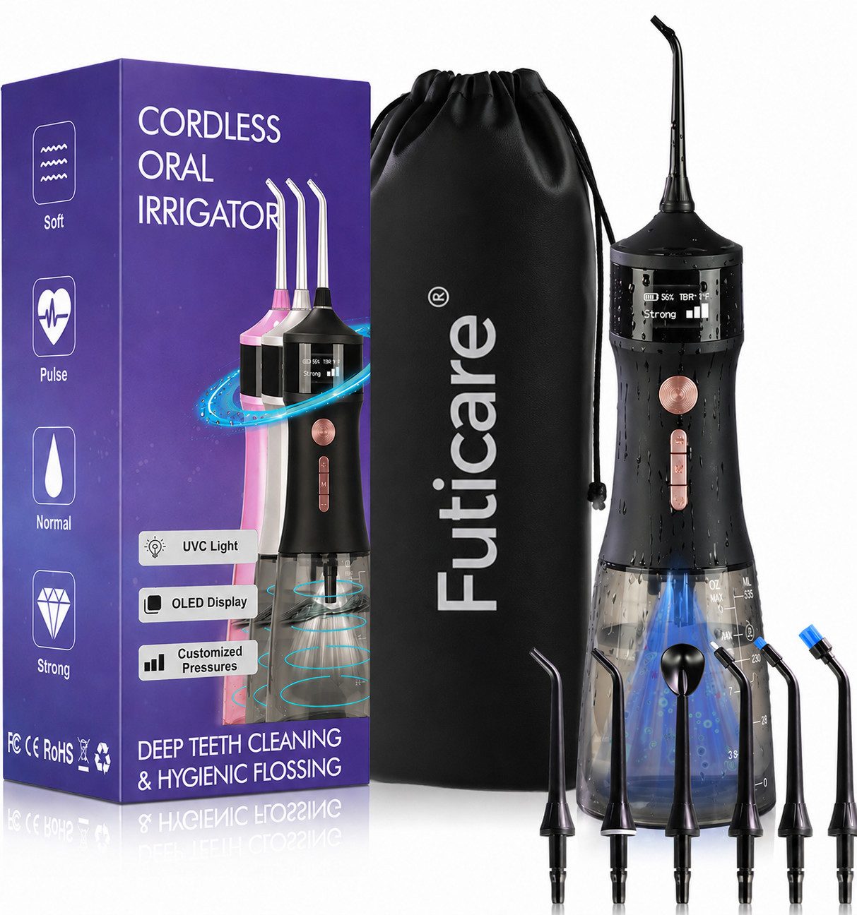 Futicare Munddusche kabellos, 335 ml Wassertank, 4 Modi, 3 Druckstufen, 6 Aufsätze, OLED-Display, UVC-Licht, IPX7, Midnight Black
