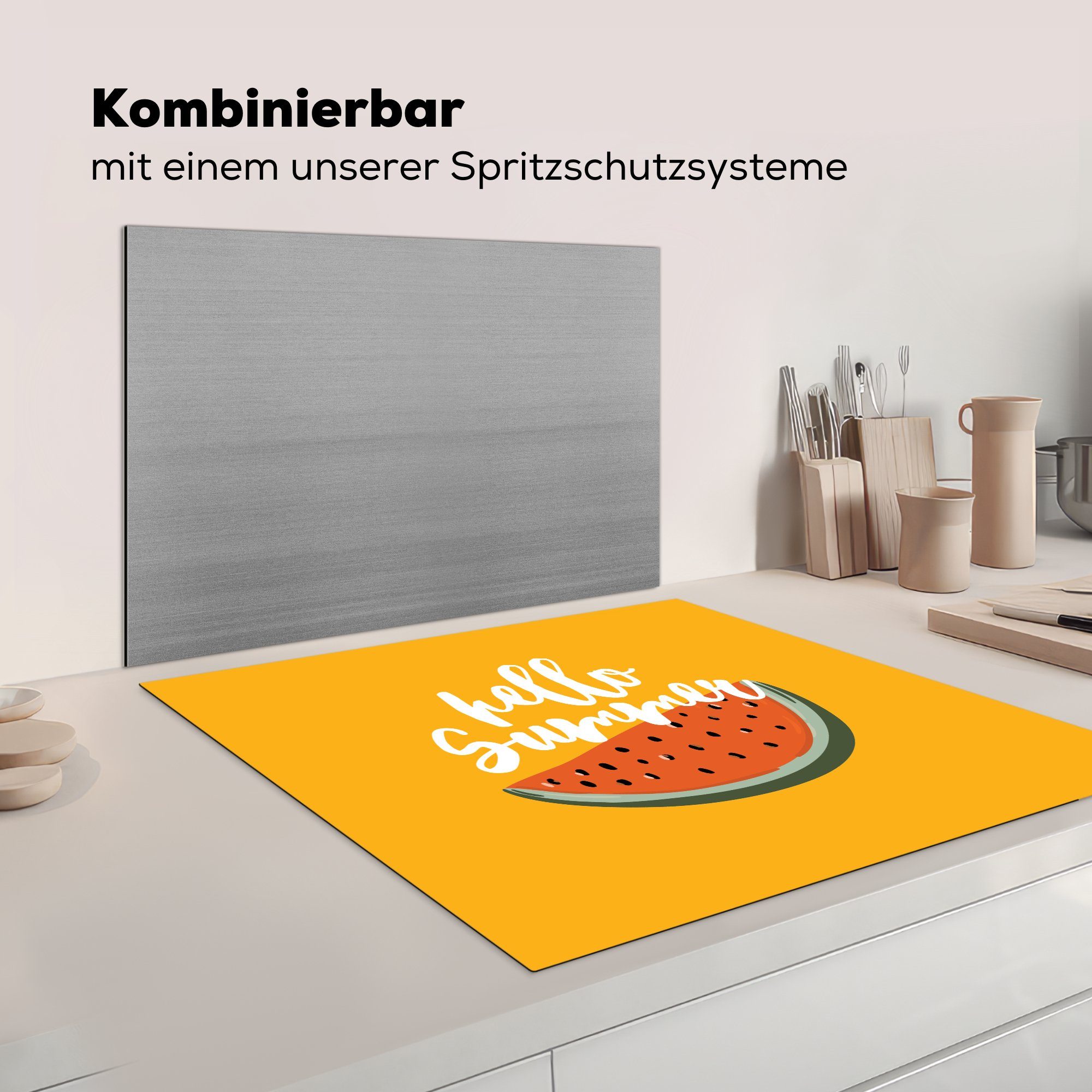 Wassermelone - 78x78 küche für MuchoWow Arbeitsplatte (1 tlg), cm, Vinyl, - Herdblende-/Abdeckplatte Ceranfeldabdeckung, Gelb, Sommer