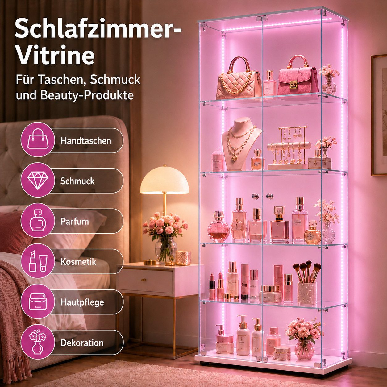 Simurq Glasvitrine Standvitrine mit LED und 2 Glastüren, Vitrinenschrank Glas (4 Ebenen(78,5x35x163 cm), 5 Ebenen(78,5x34,5x186,5 cm), Glasschrank mit 2 Türen,S – Bild 2 von 5