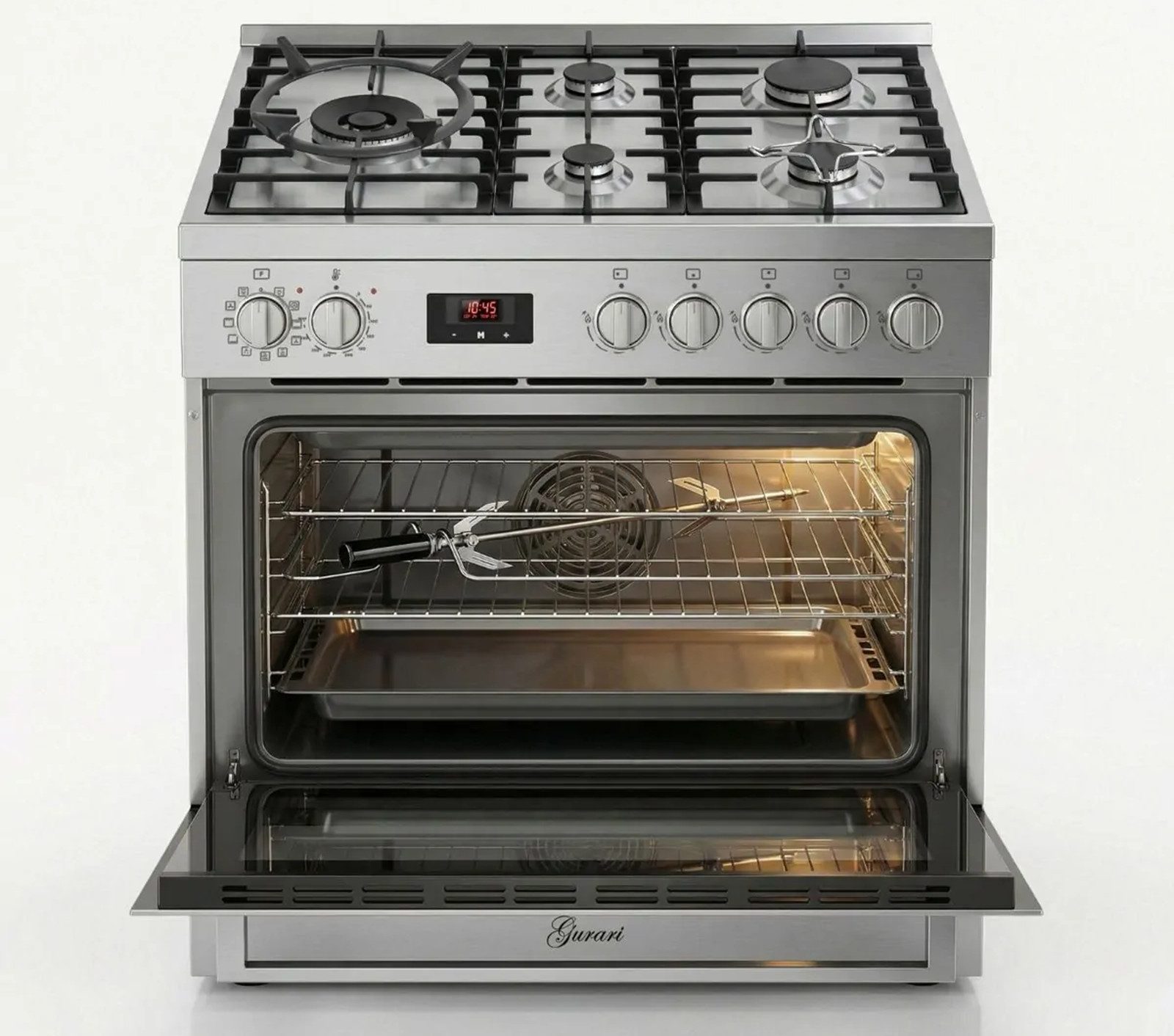 GURARI Gas-Standherd Edelstahl Gas Elektro Standherd 90 cm 126 L Erdgas Fl.Gas 4 Kw WOK,Selbstreinigung GCH E 818 X, mit 1-fach-Teleskopauszug, Katalytische Selbstreinigung, Gas Elektro Standherd 90 cm, XXL Backofen, 126 L, AirFry, Drehspieß