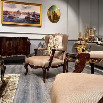 Casa Padrino Sessel Luxus Barock Ohrensessel Braun / Mehrfarbig / Dunkelbraun - Prunkvoller Wohnzimmer Sessel mit elegantem Muster - Barock Möbel
