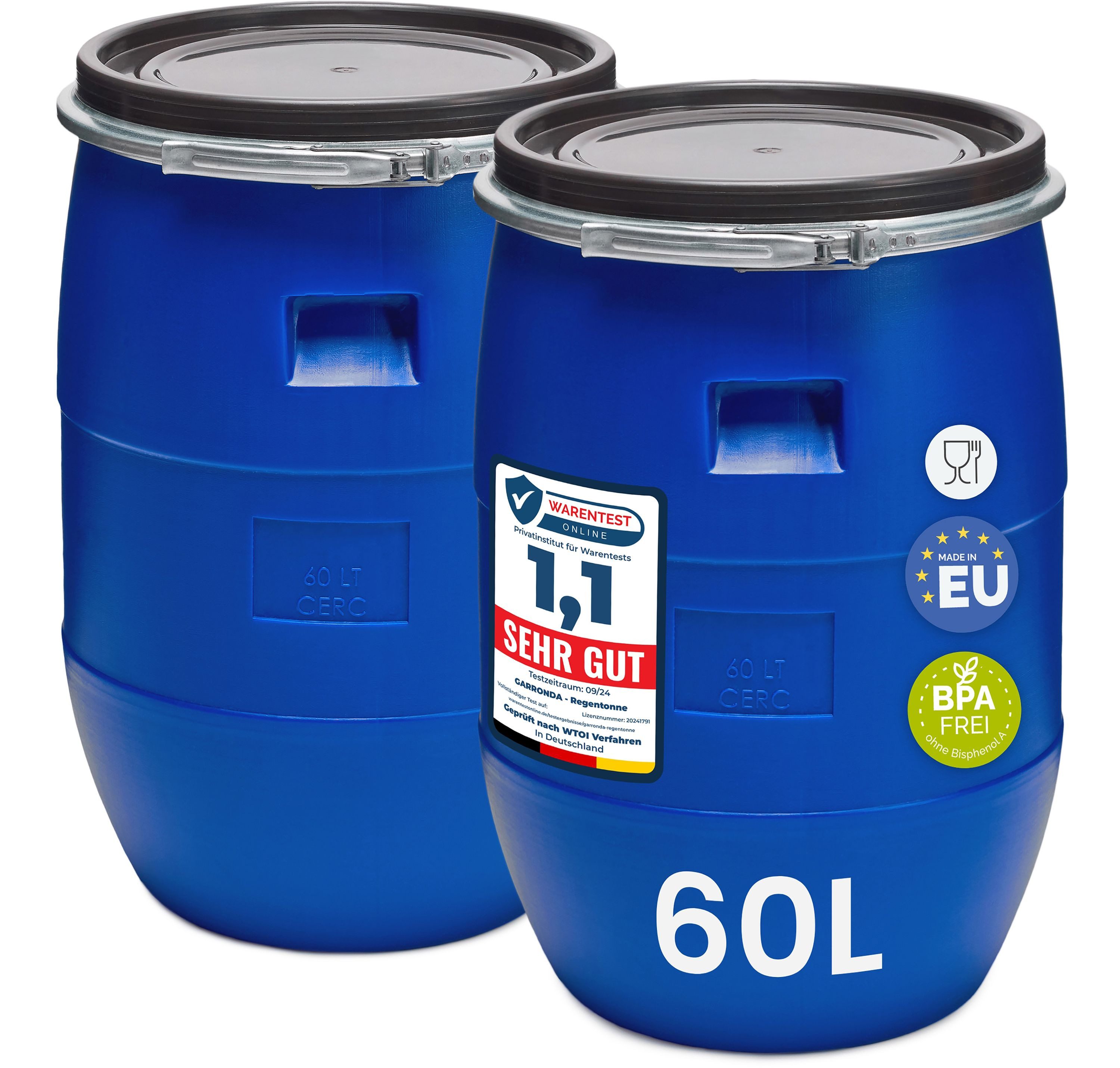 Garronda Regentonne Set 60 Liter Weithalsfass HDPE Lebensmittel Fass mit Deckel GD-0122, 60 l, (2-tlg), BPA-Frei