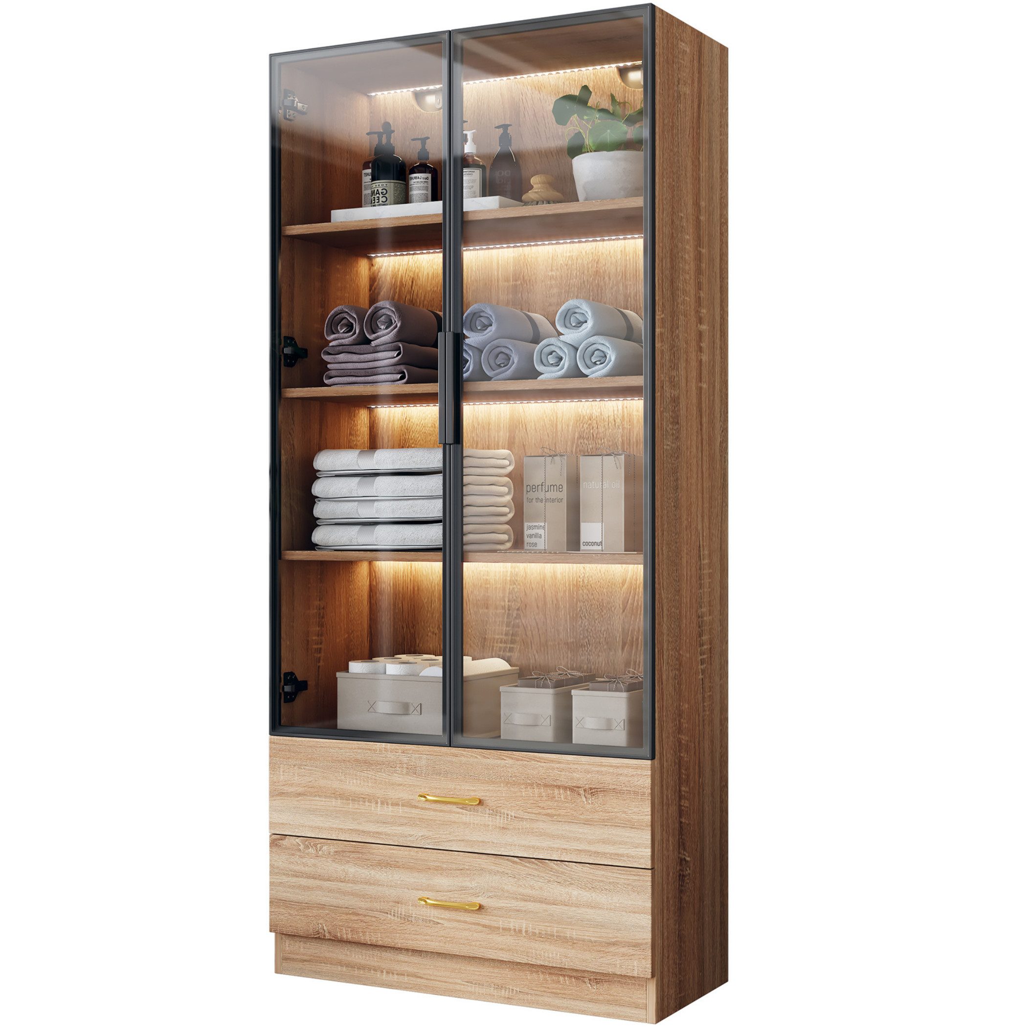 SeedWave Vitrine Vielseitger Hochschrank Glasvitrine mit Schubladen, Lichtstreifen Stauschrank mit Wandbefestigung und Kabeldurchführung