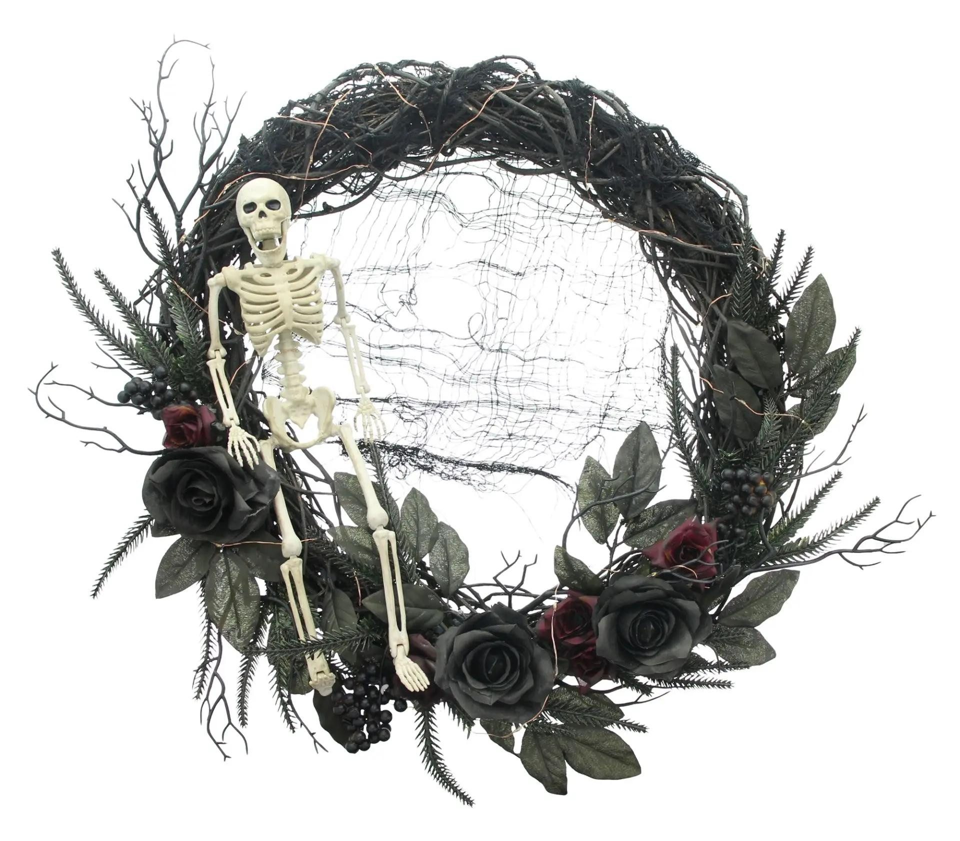 Dekoleidenschaft Dekokranz "Halloween" schwarz Ø 50 cm, LED Beleuchtung & Skelett, Halloweendeko, Wandkranz, Türkranz, Leuchtdeko für Haustür, Türdeko, Party Deko