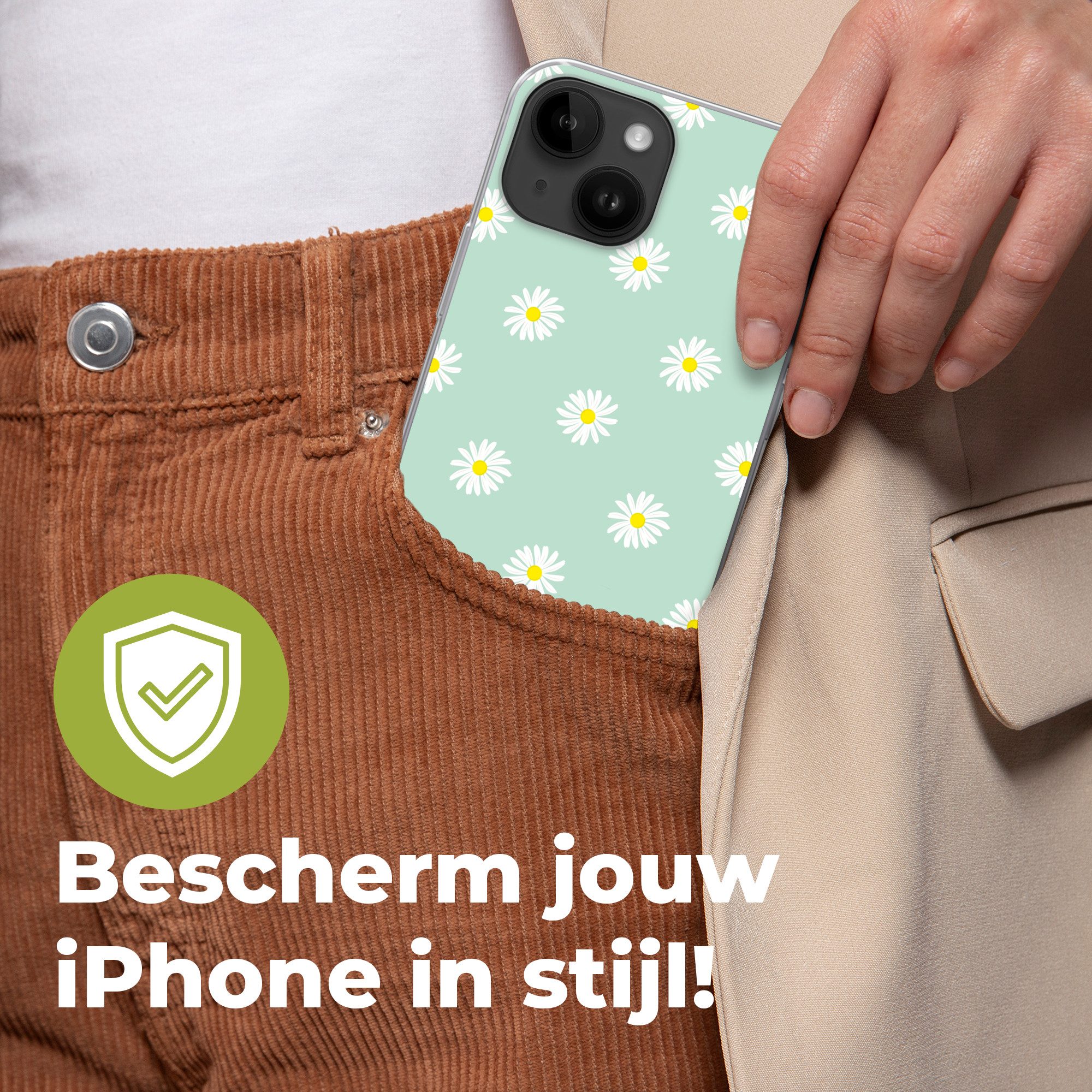 MuchoWow Handyhülle für Apple iPhone 14 Gänseblümchen - Pastell - Weiß - Grün - Florales M, Smartphone-Bumper, Print, Handy Schutzhülle Dünn