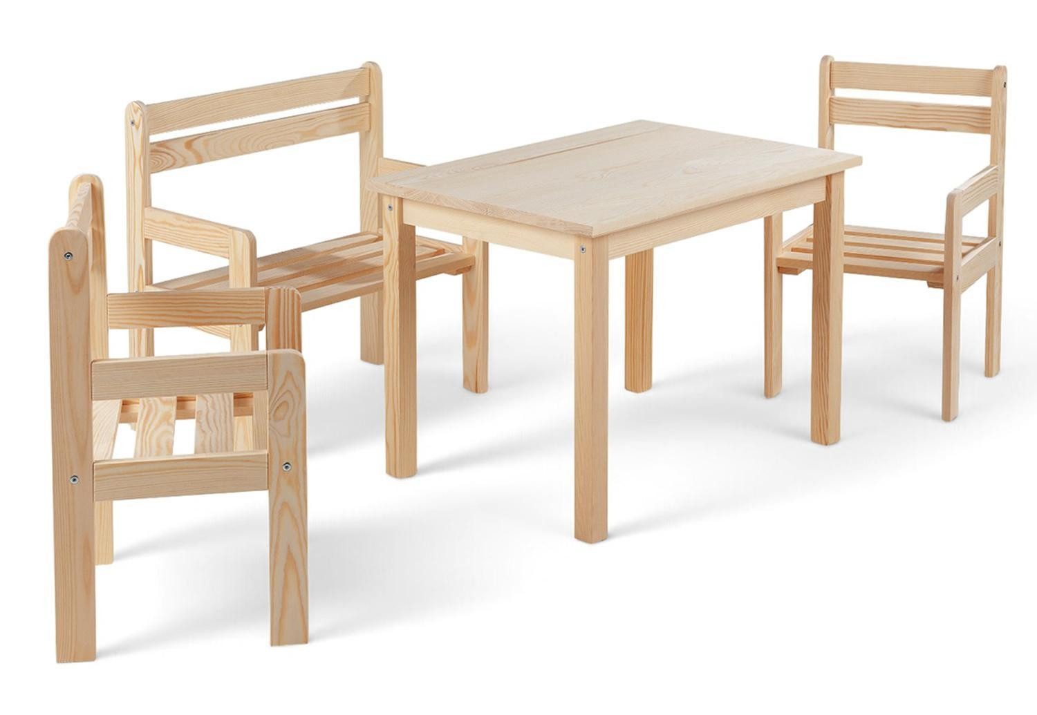 Home4You Kindersitzgruppe 4-teilig, Kiefer, Braun, 1 Tisch, 1 Bank mit Armlehnen, 2 Stühle mit Armlehnen