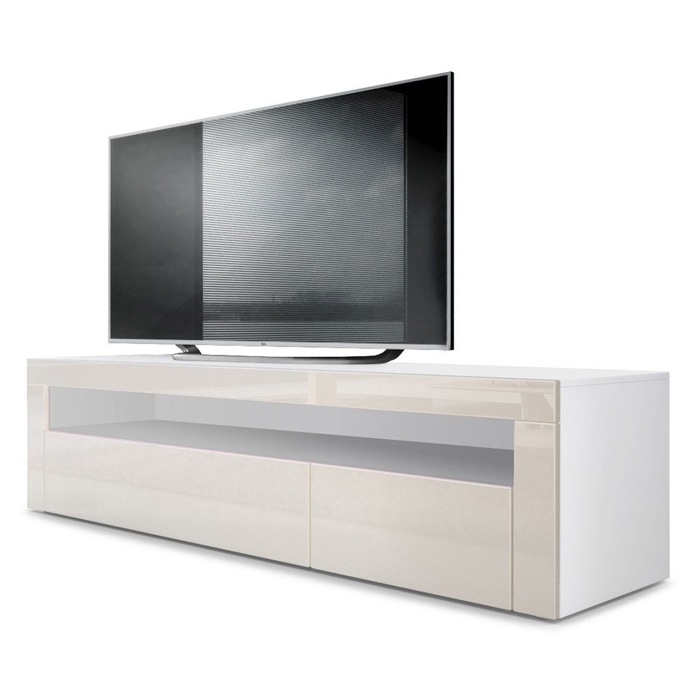 Vladon Lowboard Valencia (TV-Kommode, ​mit 1 offenem Fach und 2 Klappen), Weiß matt/Creme Hochglanz/Creme Hochglanz (155 x 46 x 40 cm)