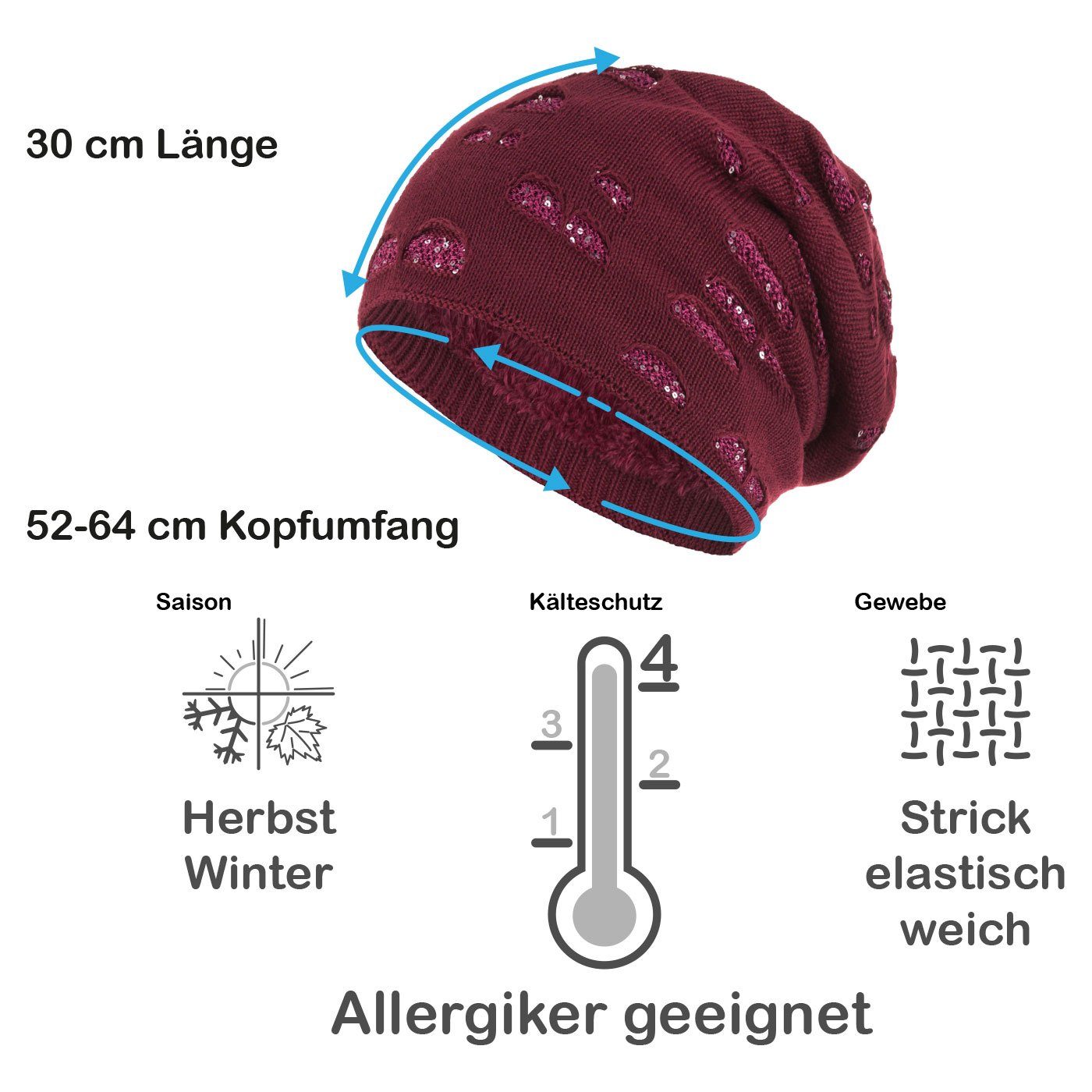compagno Strickmütze (1-St) Damen Wintermütze mit Pailletten Warm gefüttert Beanie Mütze Haube