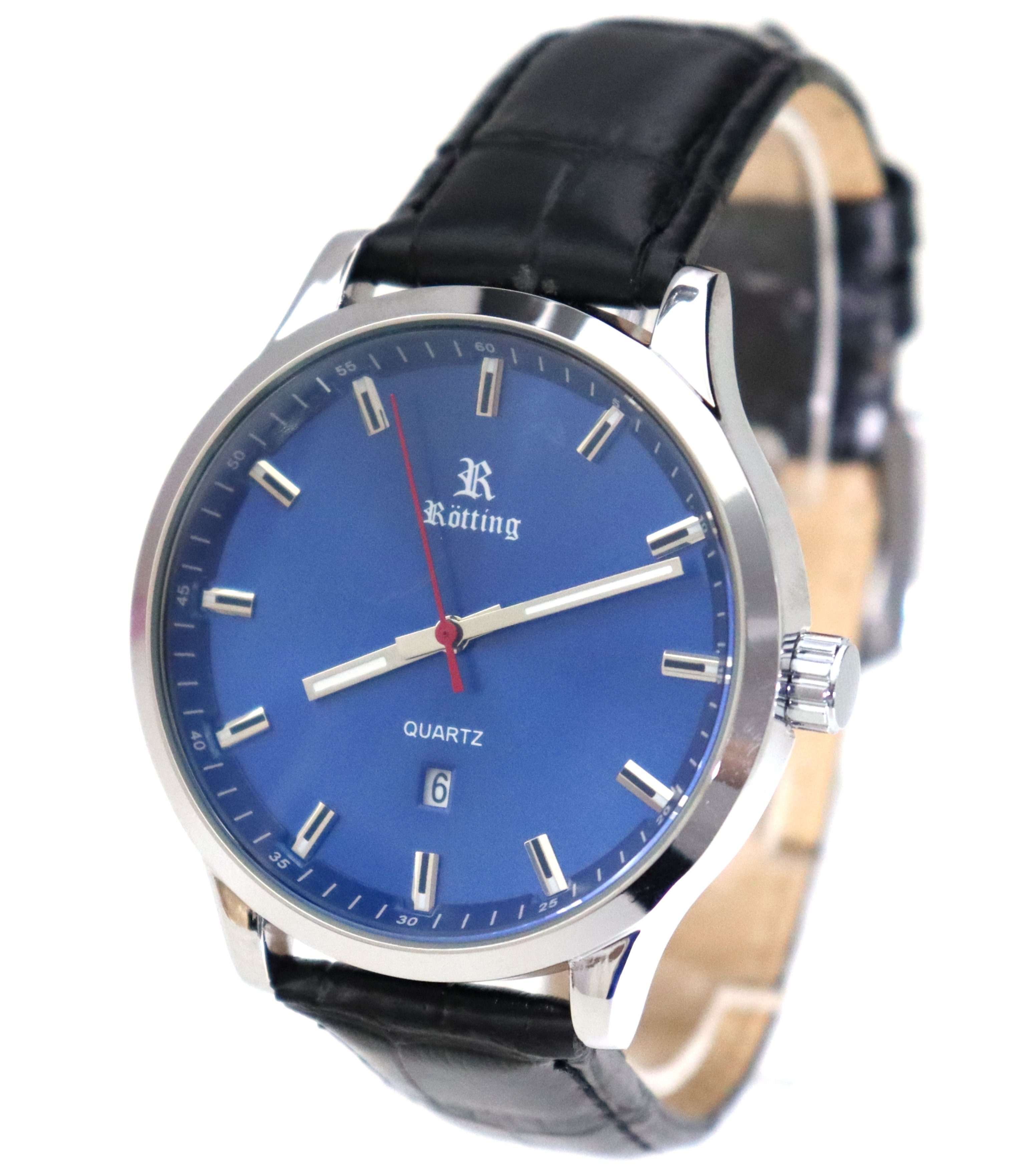 Rötting Design Quarzuhr Herrenuhr Armbanduhr blaues Ziffernblatt DATUM schw günstig online kaufen