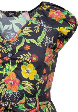 QueenKerosin Sommerkleid Hibiskus Black mit tropischem All-Over-Print