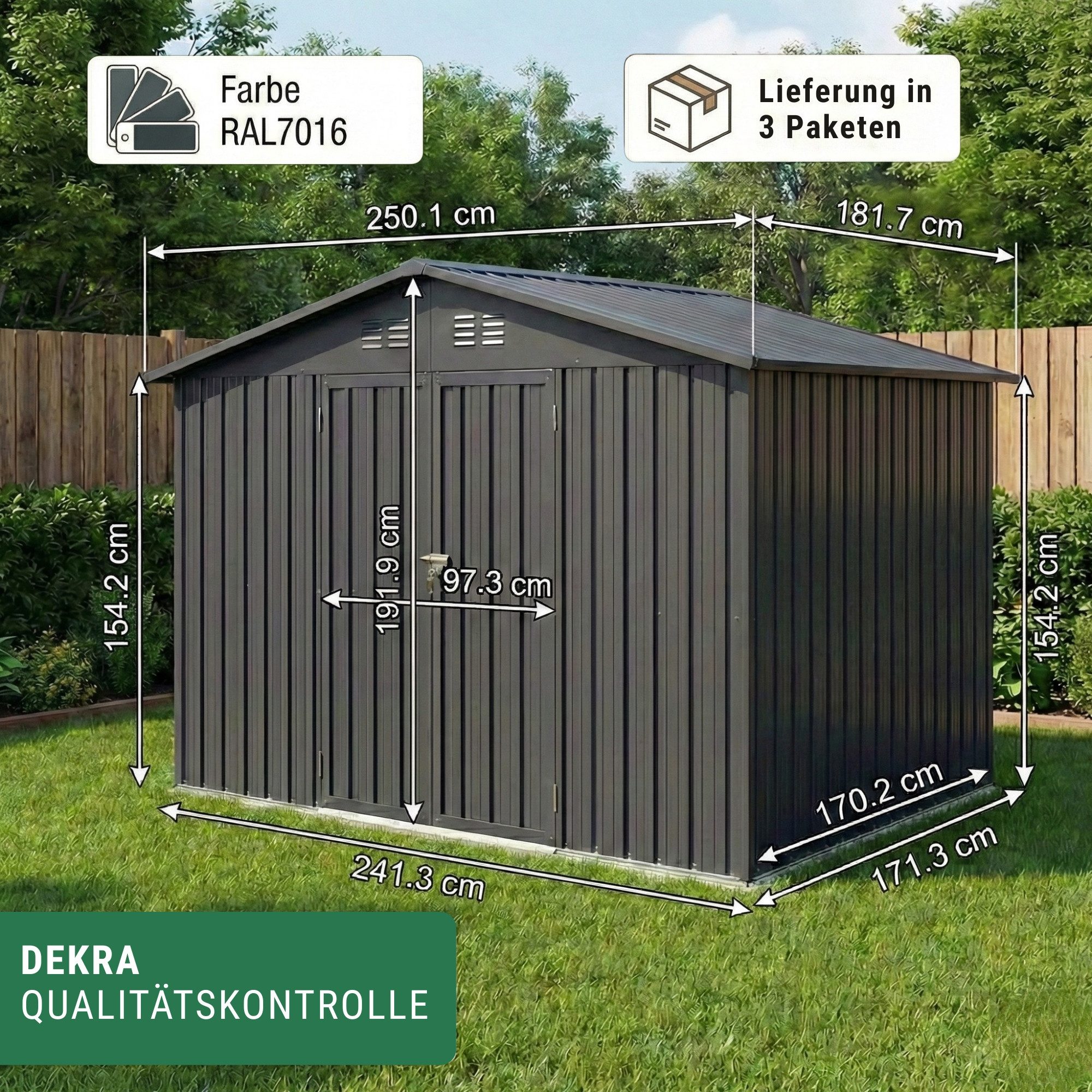 Albatros International Gerätehaus Profi Gerätehaus wetterfest Geräteschuppen Gartenschrank Gartenhaus, BxT: 241x171 cm, (XL, 259x189x192cm), verzinktes Metall Anthrazit (RAL 7016) Inkl. Schloss & Werkzeughaken