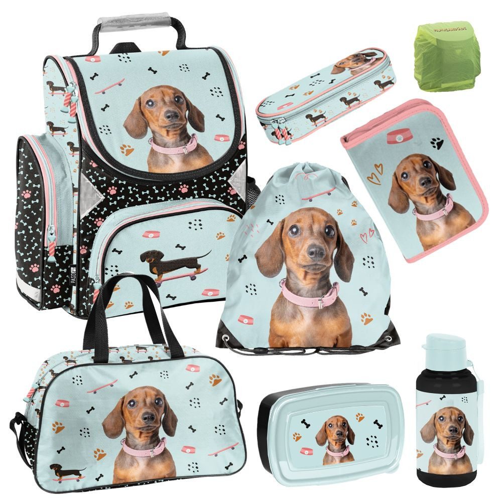 Familando Schulranzen Hunde Schulranzen für Mädchen 1.-3. Klasse - 1 kG, 15 L Volumen (Set, 8-tlg., inkl. Federmappe, Lunch-Set und Sporttasche), Reflektoren auf allen Seiten, verzierter Reißverschluss