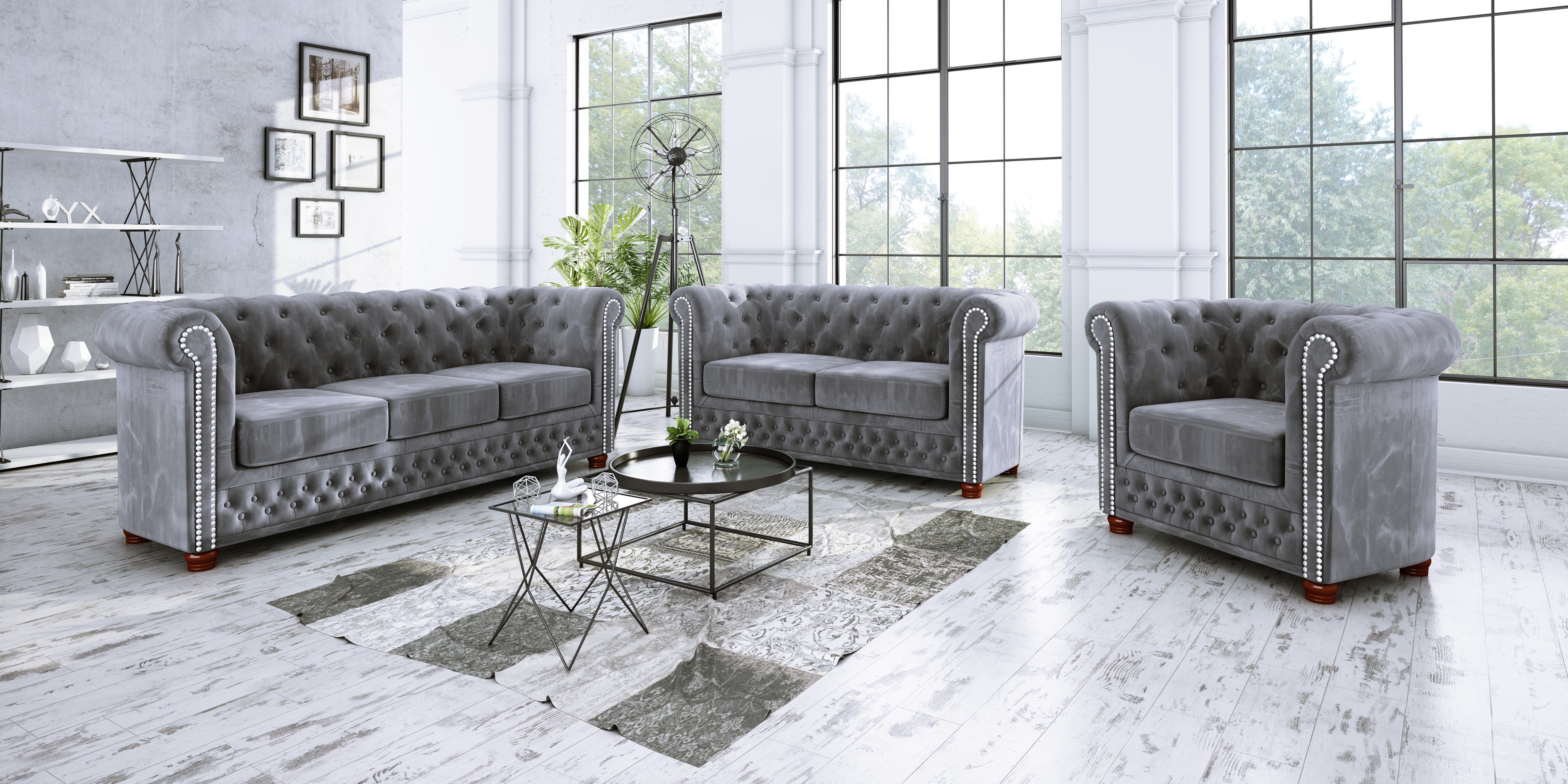 Möbel Grau Wellenfederung S-Style mit Chesterfield-Sessel Leeds,