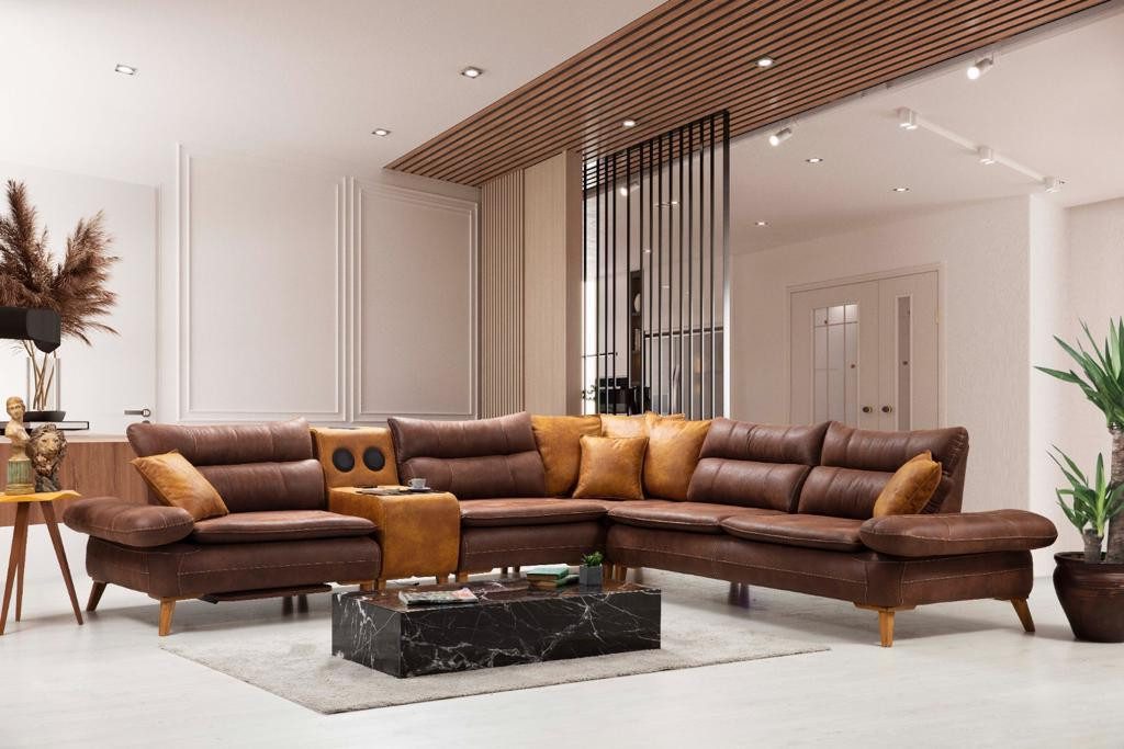 Xlmoebel Ecksofa Multifunktionale Couch in braunem Leder mit Elektrofunktionen, Hergestellt in Europa