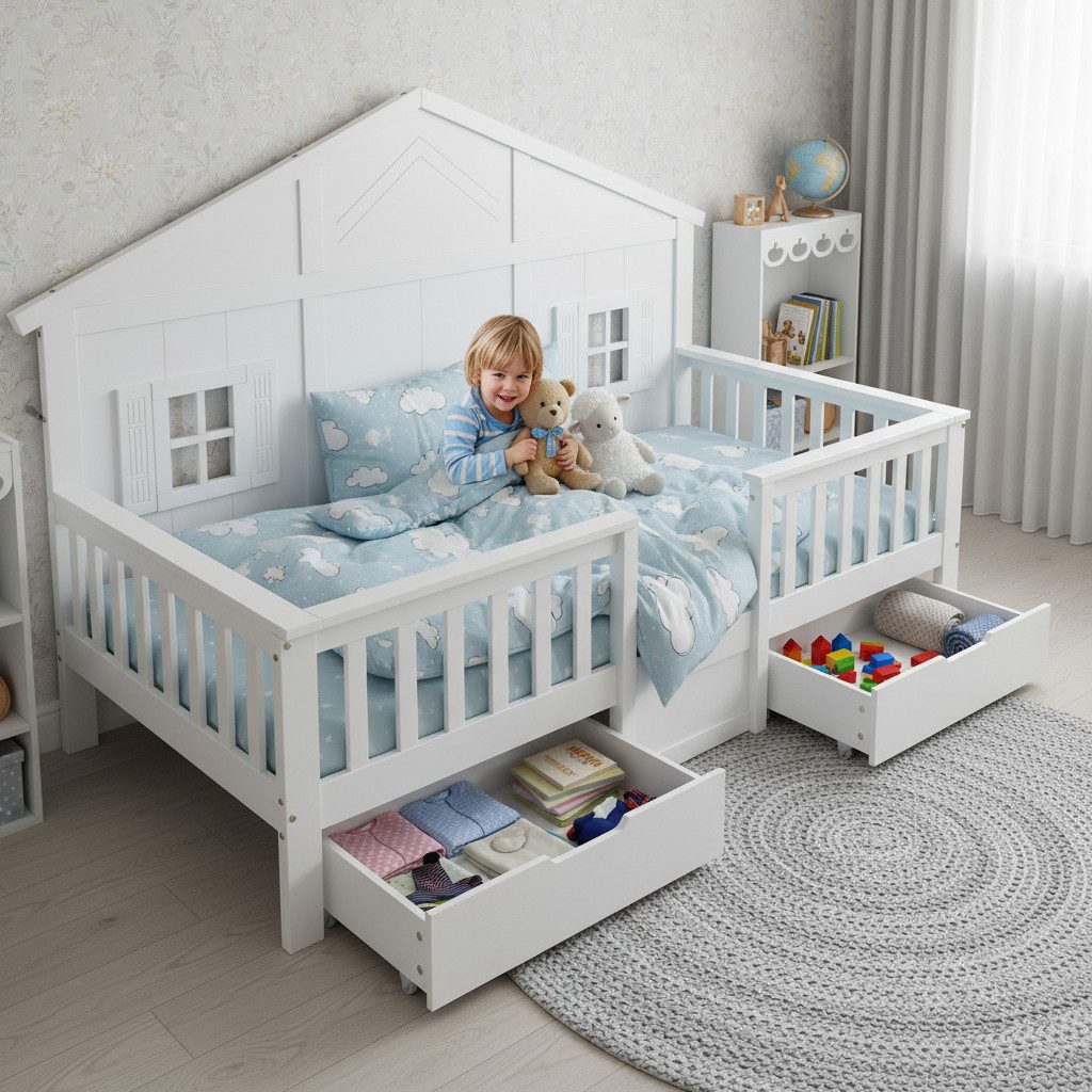 Kinderbett 90x200 Einzelbett mit Schubladen und Lattenrost