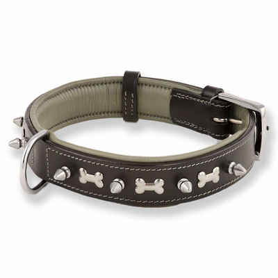 Monkimau Hunde-Halsband Hundehalsband aus Leder mit Knochen und Nieten verziert, Leder
